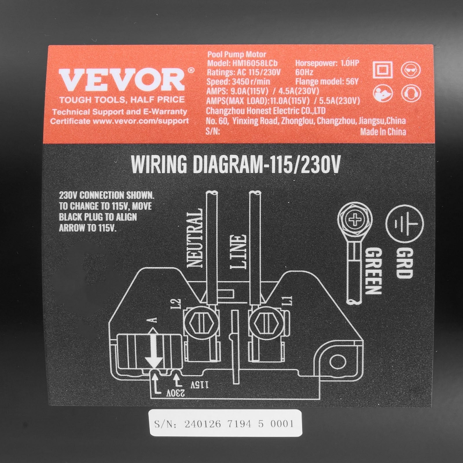 VEVOR 1 HP Pool Pump Motor, 56Y Frame, 115V(9 Amps)/230V(4.5 Amps) 3450RPM, 60Hz, 1.25 Service Factor, 90?F/250V Capacitor, CCW Rotation Square Flange Replacement Motor 