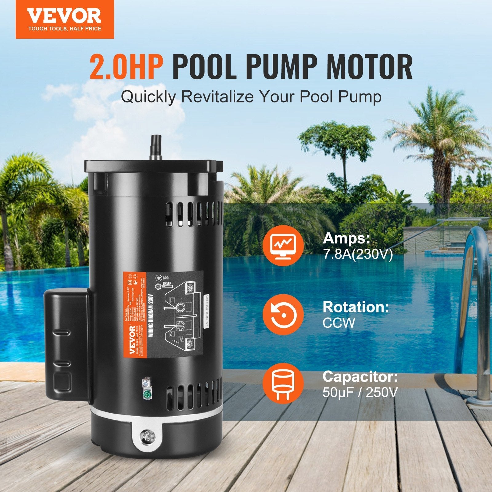 VEVOR 2 HP Pool Pump Motor, 56Y Frame, 230V (7.8 Amps) 3450 RPM, 60Hz, 1.3 Service Factor, 50?F/250V Capacitor, CCW Rotation Square Flange Replacement Motor 