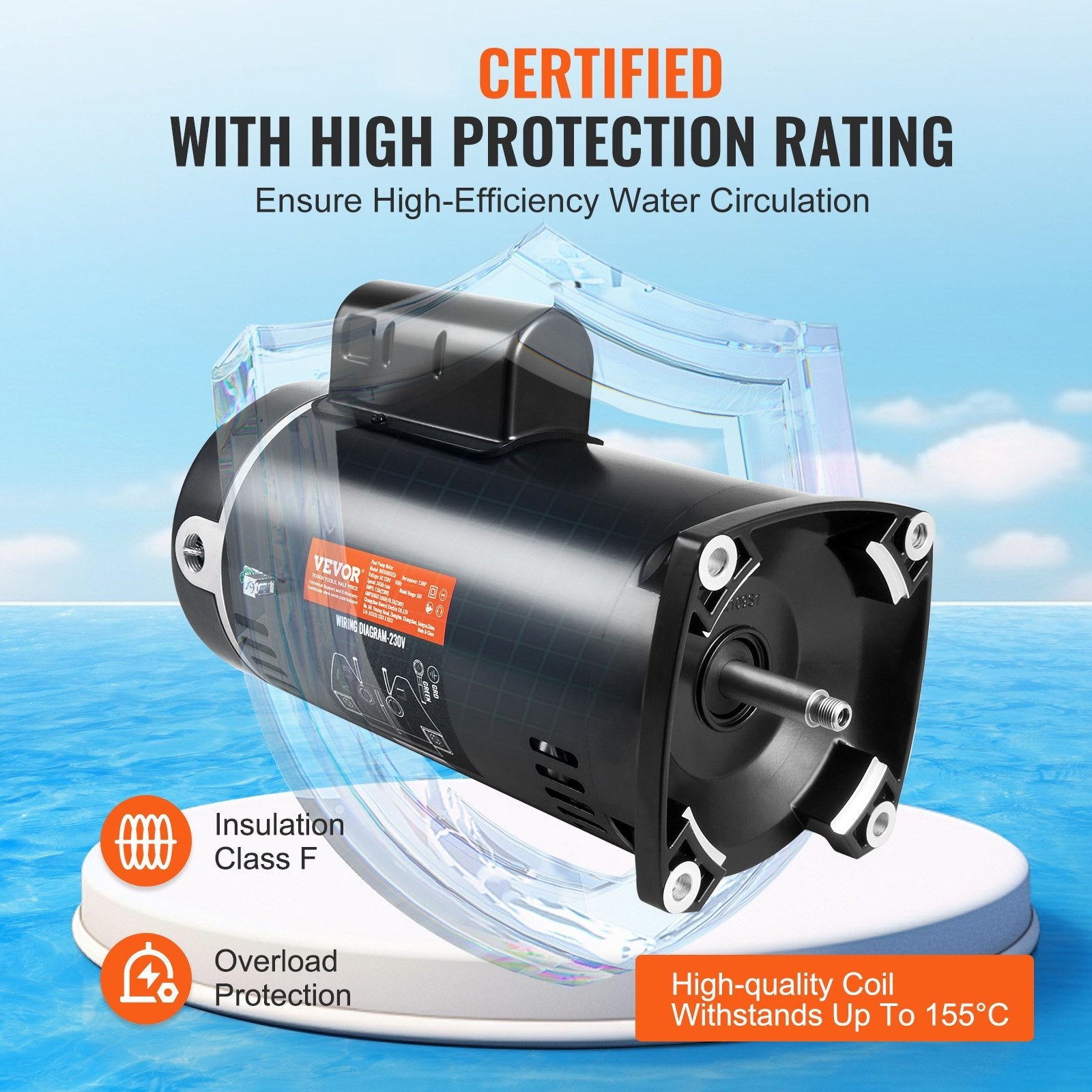 VEVOR 2 HP Pool Pump Motor, 56Y Frame, 230V (7.8 Amps) 3450 RPM, 60Hz, 1.3 Service Factor, 50?F/250V Capacitor, CCW Rotation Square Flange Replacement Motor 