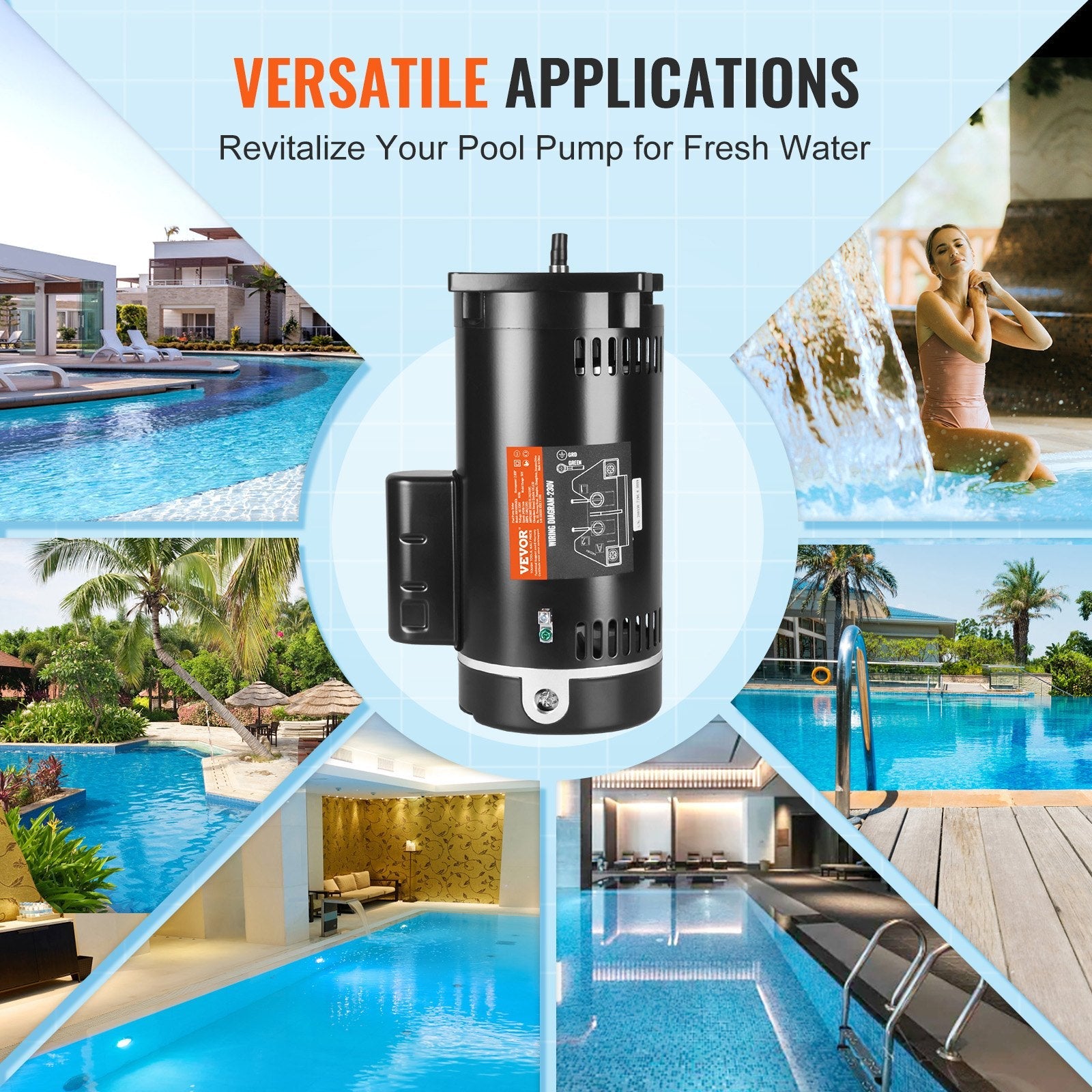 VEVOR 2 HP Pool Pump Motor, 56Y Frame, 230V (7.8 Amps) 3450 RPM, 60Hz, 1.3 Service Factor, 50?F/250V Capacitor, CCW Rotation Square Flange Replacement Motor 