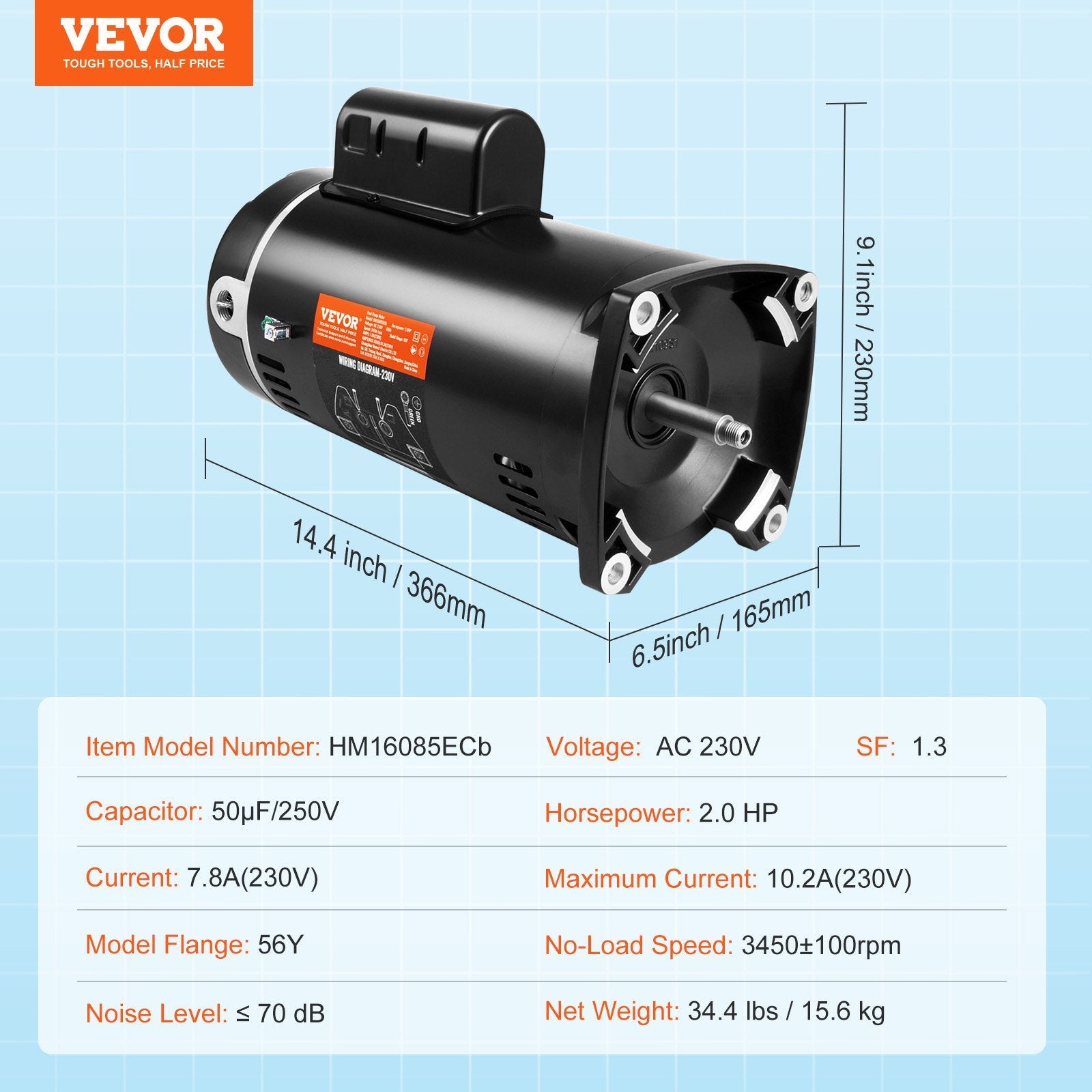 VEVOR 2 HP Pool Pump Motor, 56Y Frame, 230V (7.8 Amps) 3450 RPM, 60Hz, 1.3 Service Factor, 50?F/250V Capacitor, CCW Rotation Square Flange Replacement Motor 