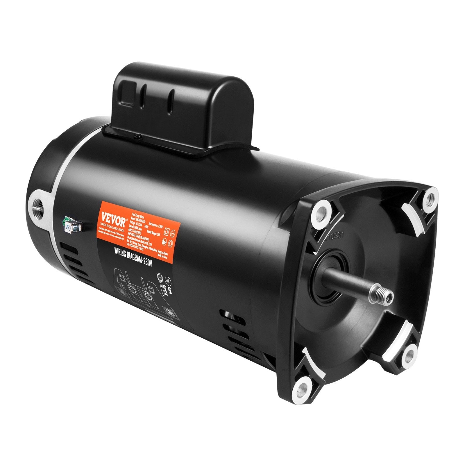 VEVOR 2 HP Pool Pump Motor, 56Y Frame, 230V (7.8 Amps) 3450 RPM, 60Hz, 1.3 Service Factor, 50?F/250V Capacitor, CCW Rotation Square Flange Replacement Motor 