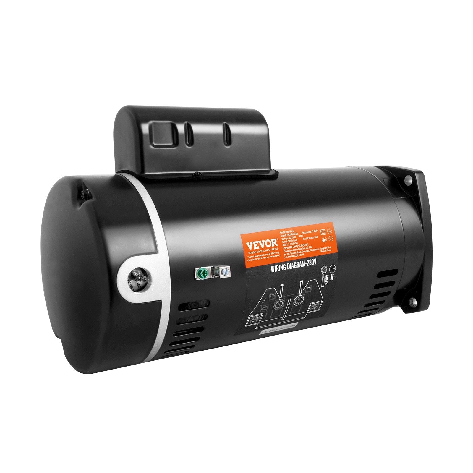 VEVOR 2 HP Pool Pump Motor, 56Y Frame, 230V (7.8 Amps) 3450 RPM, 60Hz, 1.3 Service Factor, 50?F/250V Capacitor, CCW Rotation Square Flange Replacement Motor 