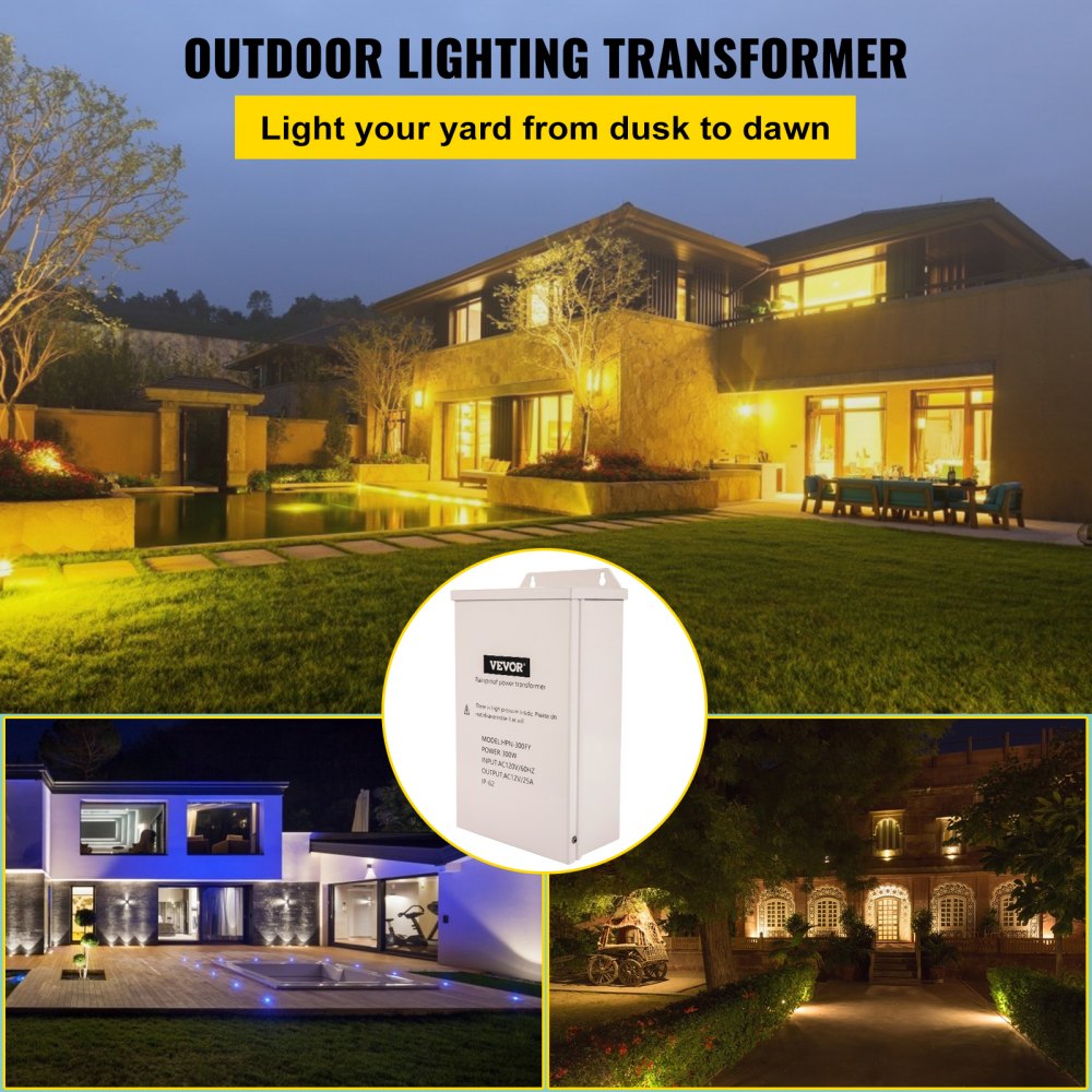 VEVOR Pool Light Transformer, 300 Watt Outdoor Landscape Lighting Transformer, 12V AC Pool Light Transformer, Pool/Spa/Landscape Lighting, Spotlight, Pathway Light, LED Compatible, Weatherproof 