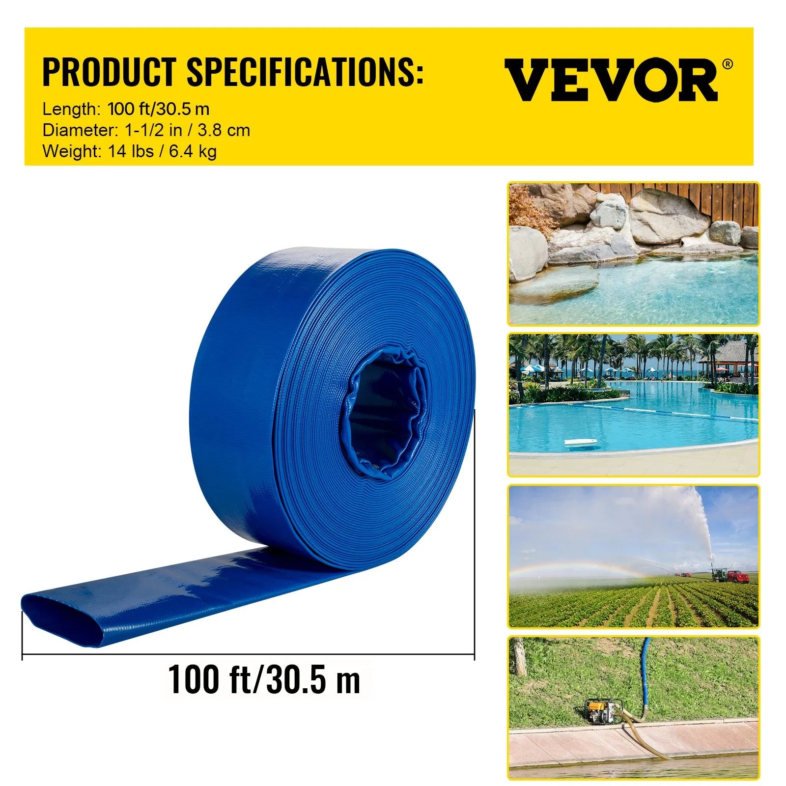 VEVOR Discharge Hose Lay Flat Hose 1-1/2" x 105' PVC Backwash Drain Hose w/Clamp