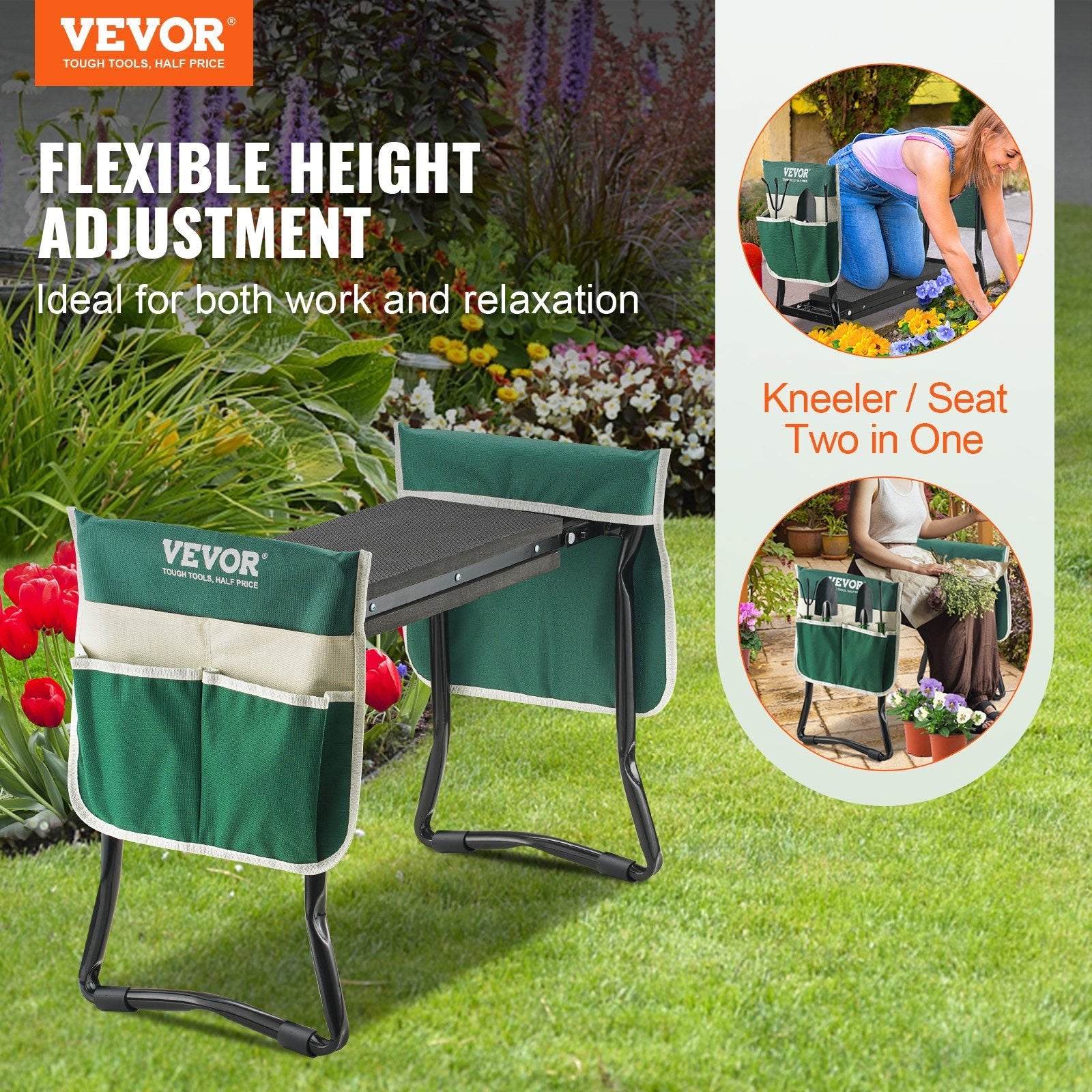 VEVOR Garden Kneeler and Seat, 330 lbs Load Capacity, 8" EVA Wide Pad, Foldable Garden Stool, Kneeling Bench for Gardening with Tool Bag, Gifts for Women, Grandparents, Seniors, Mom and Dad 