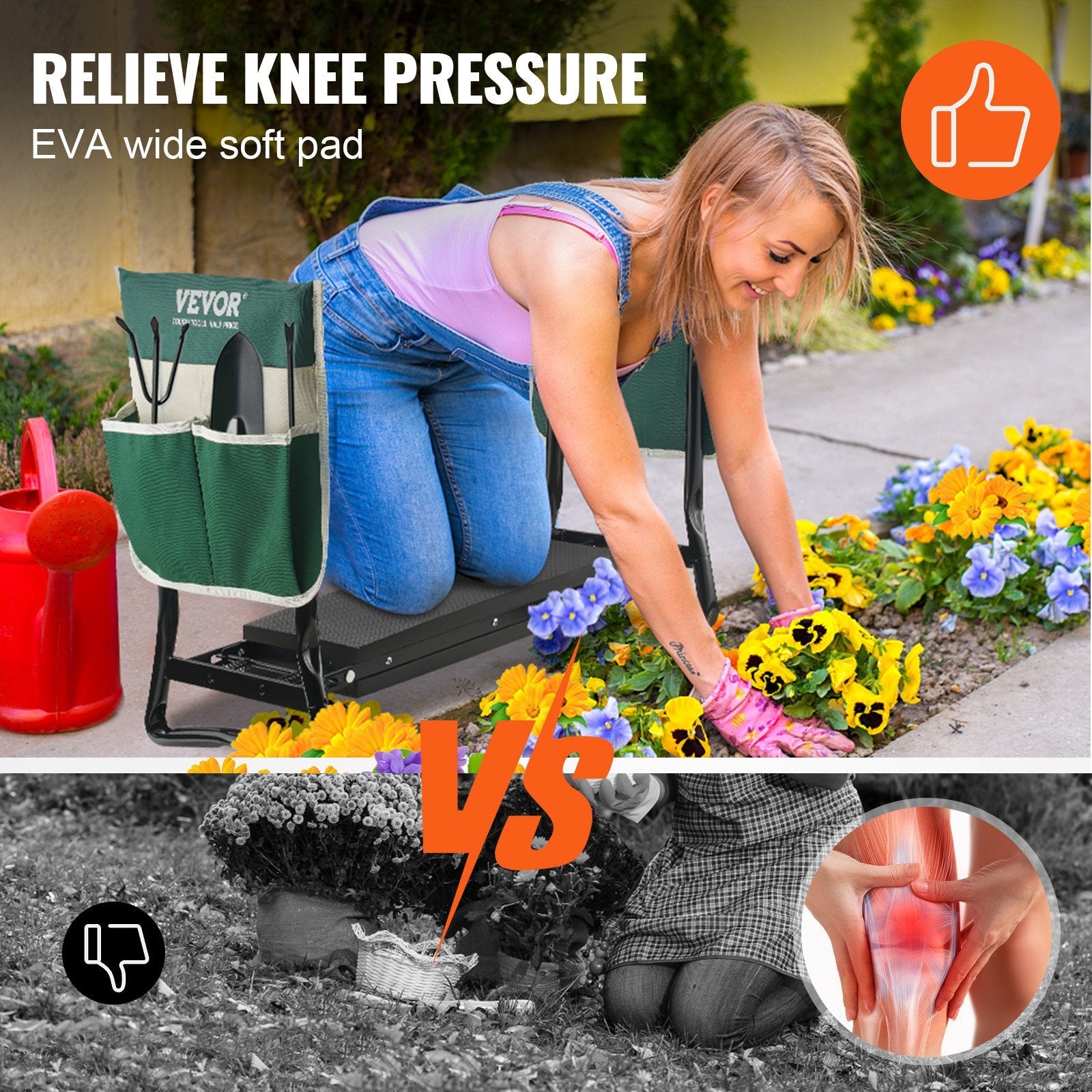 VEVOR Garden Kneeler and Seat, 330 lbs Load Capacity, 8" EVA Wide Pad, Foldable Garden Stool, Kneeling Bench for Gardening with Tool Bag, Gifts for Women, Grandparents, Seniors, Mom and Dad 
