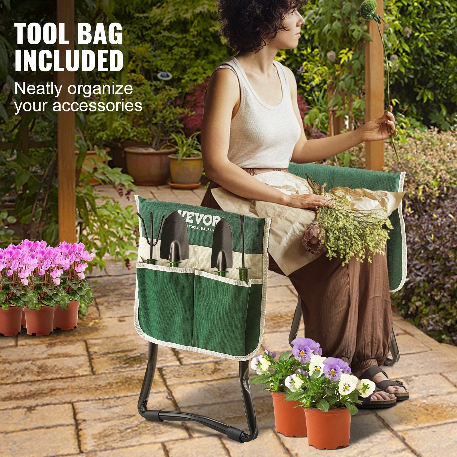 VEVOR Garden Kneeler and Seat, 330 lbs Load Capacity, 8" EVA Wide Pad, Foldable Garden Stool, Kneeling Bench for Gardening with Tool Bag, Gifts for Women, Grandparents, Seniors, Mom and Dad 