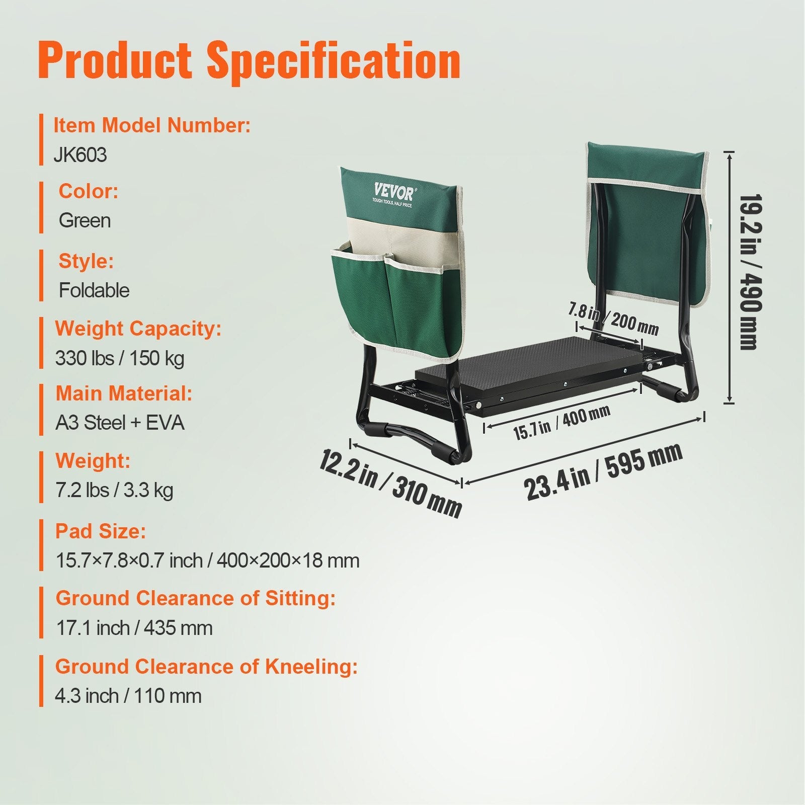 VEVOR Garden Kneeler and Seat, 330 lbs Load Capacity, 8" EVA Wide Pad, Foldable Garden Stool, Kneeling Bench for Gardening with Tool Bag, Gifts for Women, Grandparents, Seniors, Mom and Dad 