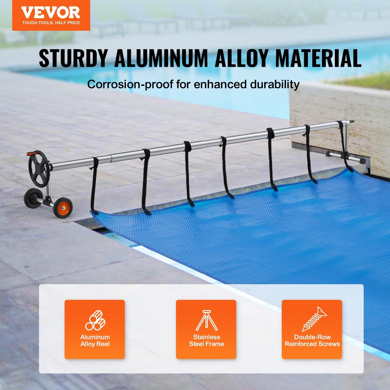 VEVOR Pool Cover Reel, Aluminum Solar Cover Reel 14 ft, Inground Swimming Pool Cover Reel Set with Rubber Wheels and Sandbags, Fits for 3-14 ft Width Swimming Pools 
