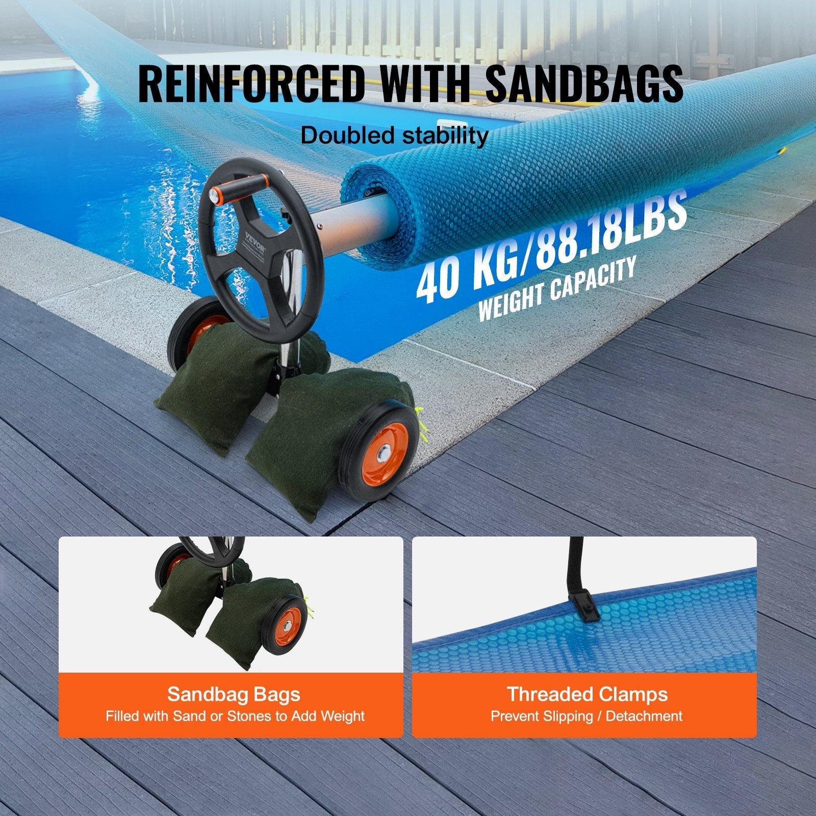 VEVOR Pool Cover Reel, Aluminum Solar Cover Reel 14 ft, Inground Swimming Pool Cover Reel Set with Rubber Wheels and Sandbags, Fits for 3-14 ft Width Swimming Pools 