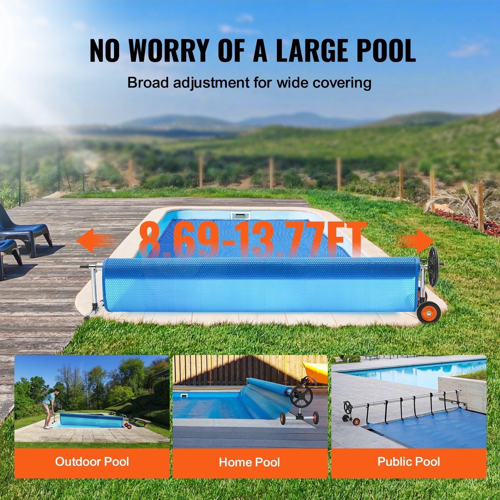 VEVOR Pool Cover Reel, Aluminum Solar Cover Reel 14 ft, Inground Swimming Pool Cover Reel Set with Rubber Wheels and Sandbags, Fits for 3-14 ft Width Swimming Pools 