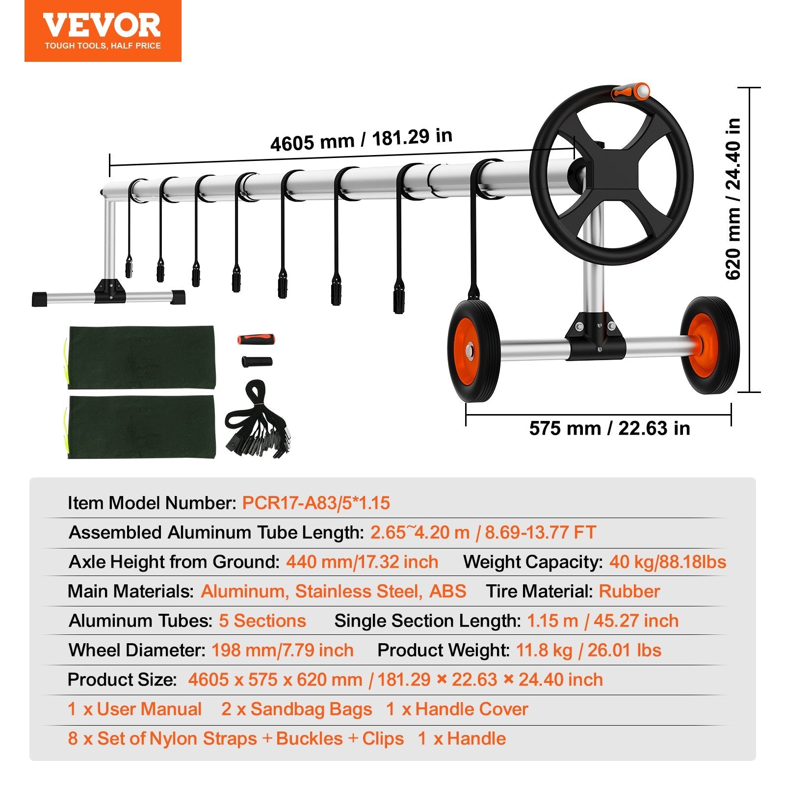 VEVOR Pool Cover Reel, Aluminum Solar Cover Reel 14 ft, Inground Swimming Pool Cover Reel Set with Rubber Wheels and Sandbags, Fits for 3-14 ft Width Swimming Pools 