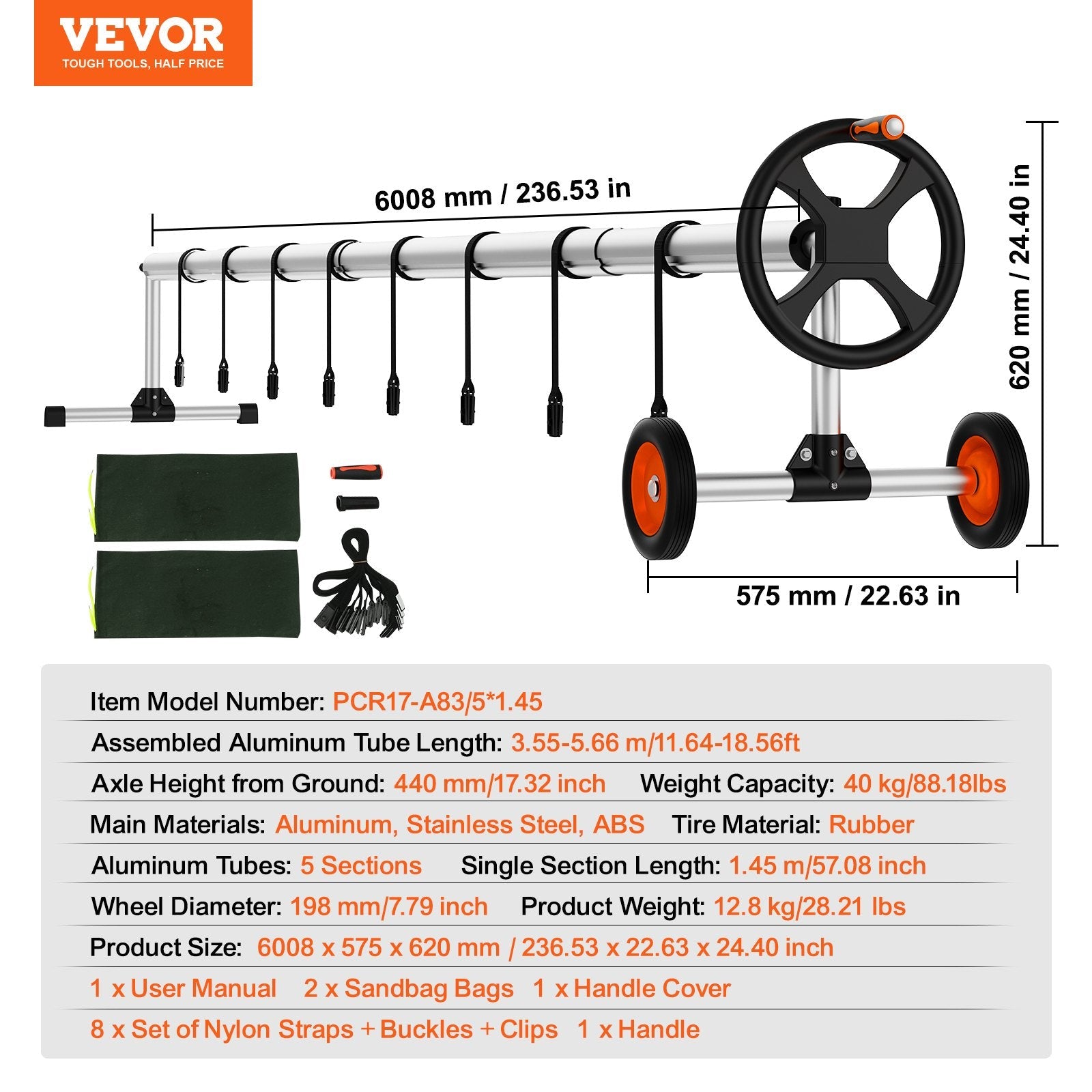 VEVOR Pool Cover Reel, Aluminum Solar Cover Reel 18 ft, Inground Swimming Pool Cover Reel Set with Rubber Wheels and Sandbags, Fits for 4-18 ft Width Swimming Pools 