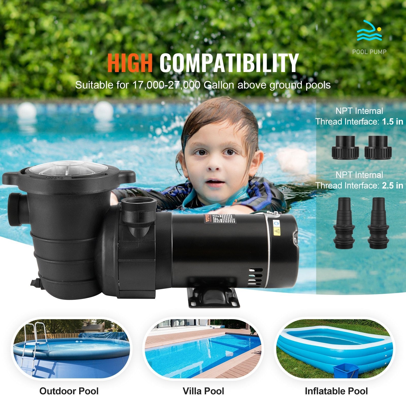 VEVOR Above Ground Pool Pump, 1HP, 80 GPM Max. Flow Single Speed Swimming Pool Pump, 120V 3450 RPM 36 ft Max. Head Lift Pool Pump with Filter Basket, for Above Ground Pools Hot Tubs Spas 