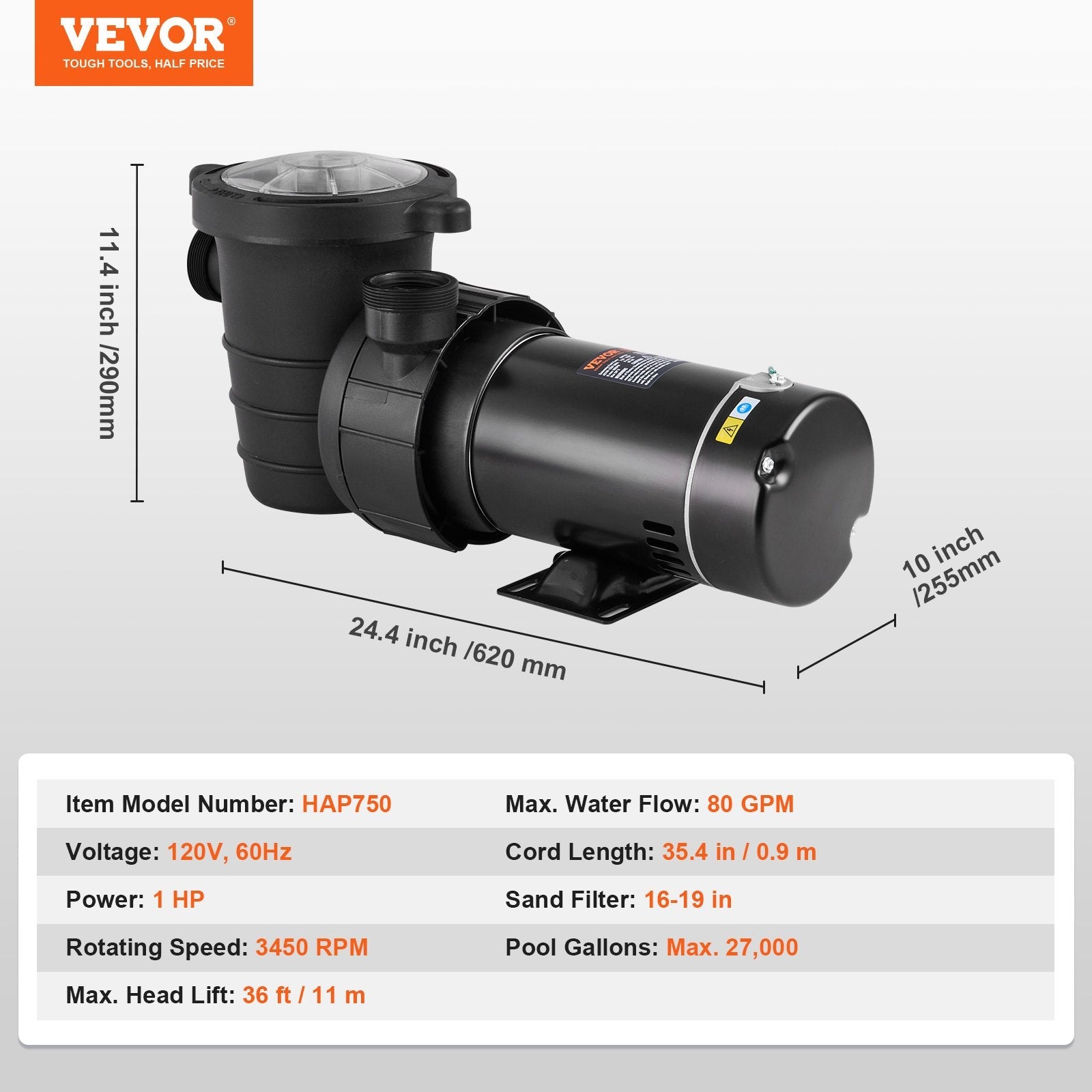 VEVOR Above Ground Pool Pump, 1HP, 80 GPM Max. Flow Single Speed Swimming Pool Pump, 120V 3450 RPM 36 ft Max. Head Lift Pool Pump with Filter Basket, for Above Ground Pools Hot Tubs Spas 