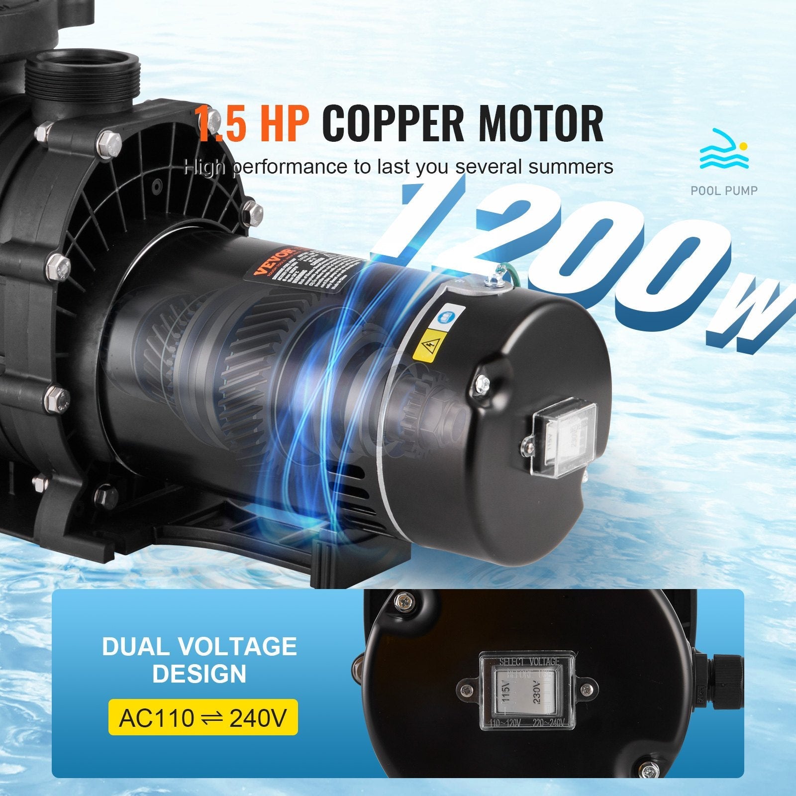 VEVOR Above Ground Pool Pump, 1.5 HP, 100 GPM Single Speed Swimming Pool Pump, 110V/240V 3450 RPM 50.9 ft Max Head Pool Pump with Filter Basket, for Above Ground Pools Hot Tubs Spas 