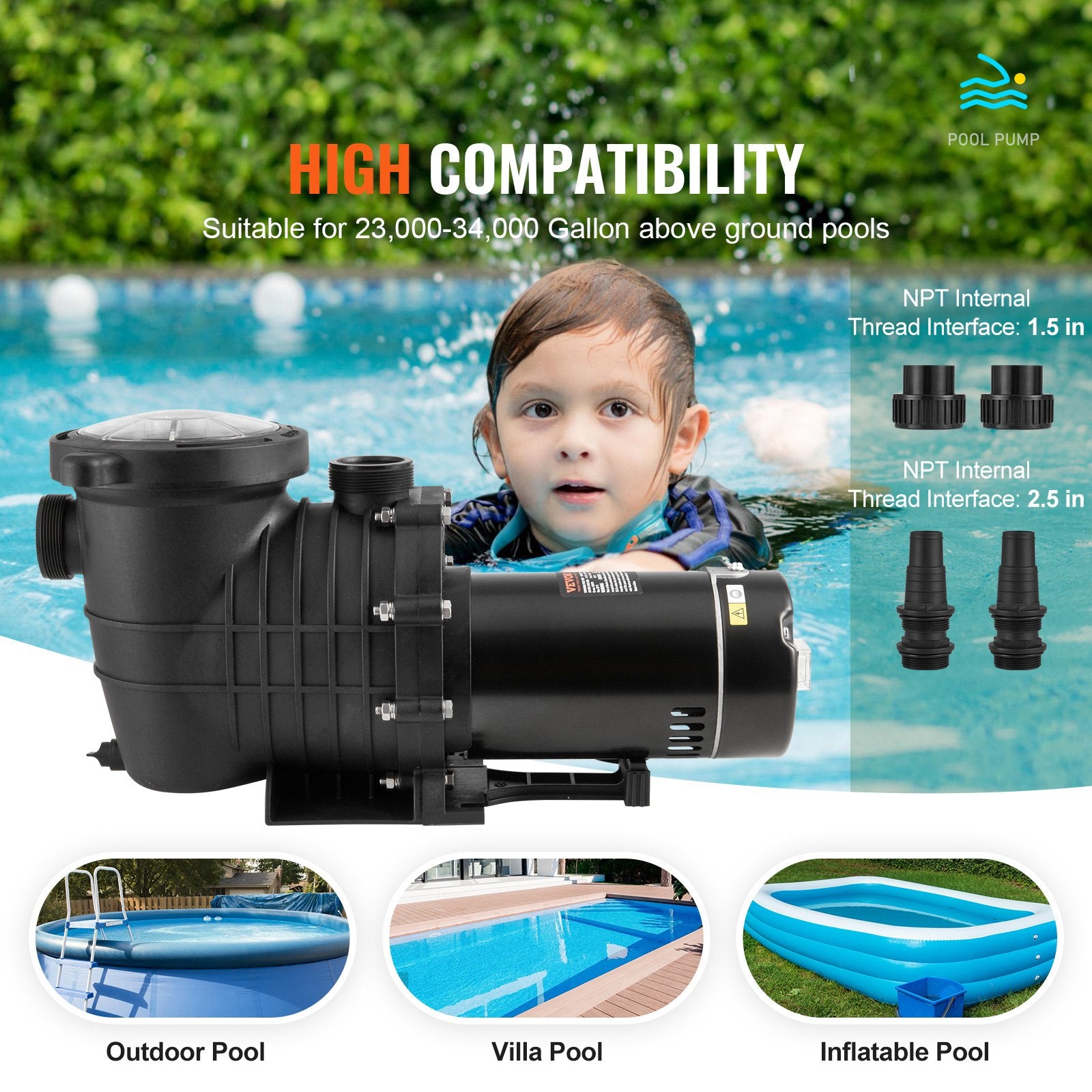 VEVOR Above Ground Pool Pump, 1.5 HP, 100 GPM Single Speed Swimming Pool Pump, 110V/240V 3450 RPM 50.9 ft Max Head Pool Pump with Filter Basket, for Above Ground Pools Hot Tubs Spas 