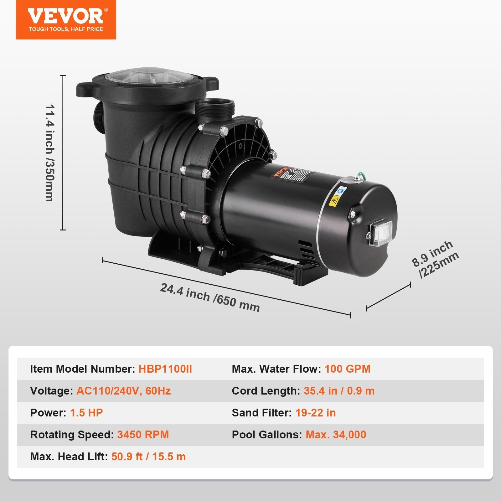VEVOR Above Ground Pool Pump, 1.5 HP, 100 GPM Single Speed Swimming Pool Pump, 110V/240V 3450 RPM 50.9 ft Max Head Pool Pump with Filter Basket, for Above Ground Pools Hot Tubs Spas 
