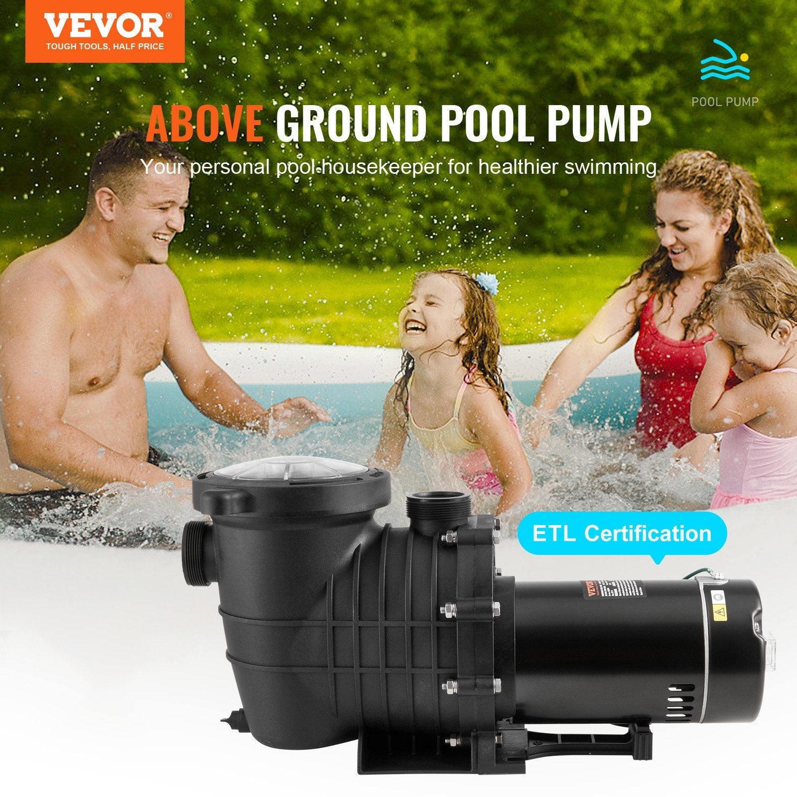 VEVOR Above Ground Pool Pump, 2 HP, 110 GPM Max Flow Single Speed Swimming Pool Pump, 110V/240V 3450 RPM 59 ft Max Head Pool Pump with Filter Basket, for Above Ground Pools Hot Tubs Spas 