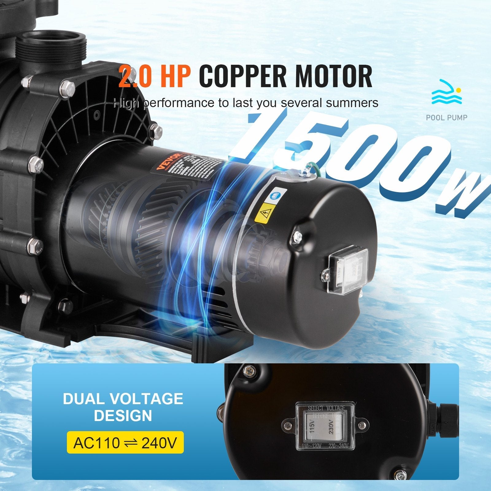 VEVOR Above Ground Pool Pump, 2 HP, 110 GPM Max Flow Single Speed Swimming Pool Pump, 110V/240V 3450 RPM 59 ft Max Head Pool Pump with Filter Basket, for Above Ground Pools Hot Tubs Spas 
