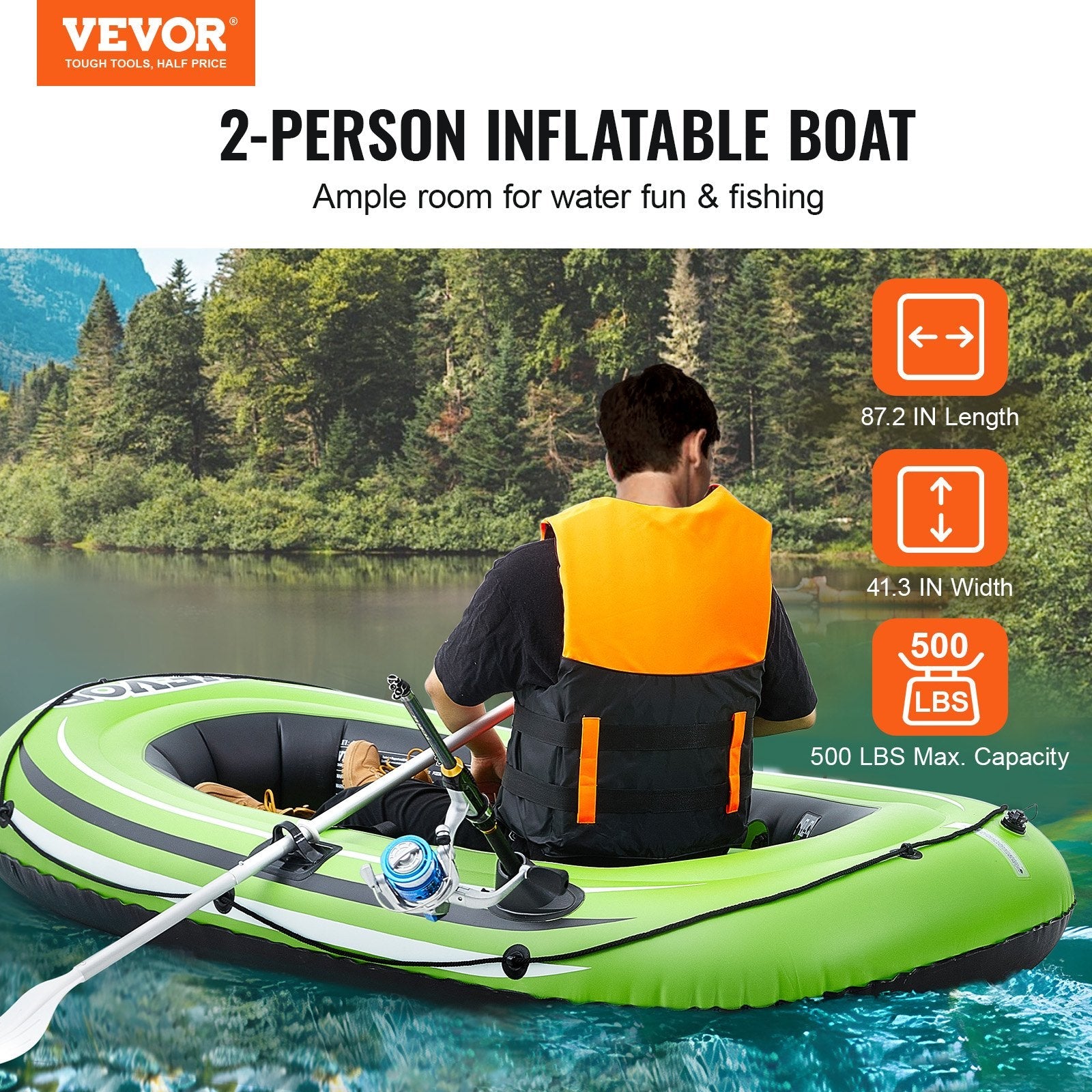 VEVOR Inflatable Boat, 2-Person Inflatable Fishing Boat, Strong PVC Portable Boat Raft Kayak, Includes 45.6 in Aluminum Oars, High-Output Pump and Fishing Rod Holders, 500 lb Capacity for Adults, Kids 