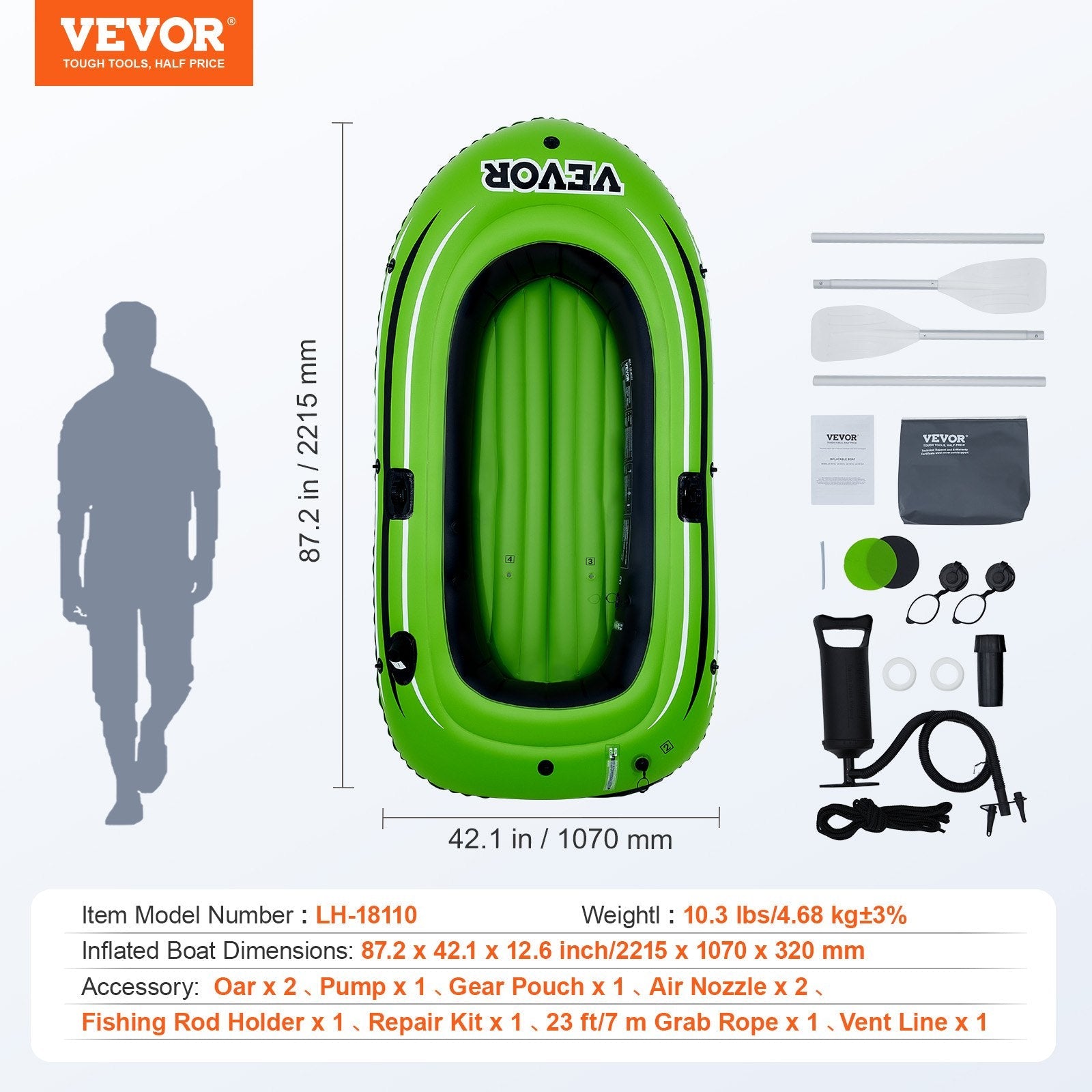 VEVOR Inflatable Boat, 2-Person Inflatable Fishing Boat, Strong PVC Portable Boat Raft Kayak, Includes 45.6 in Aluminum Oars, High-Output Pump and Fishing Rod Holders, 500 lb Capacity for Adults, Kids 