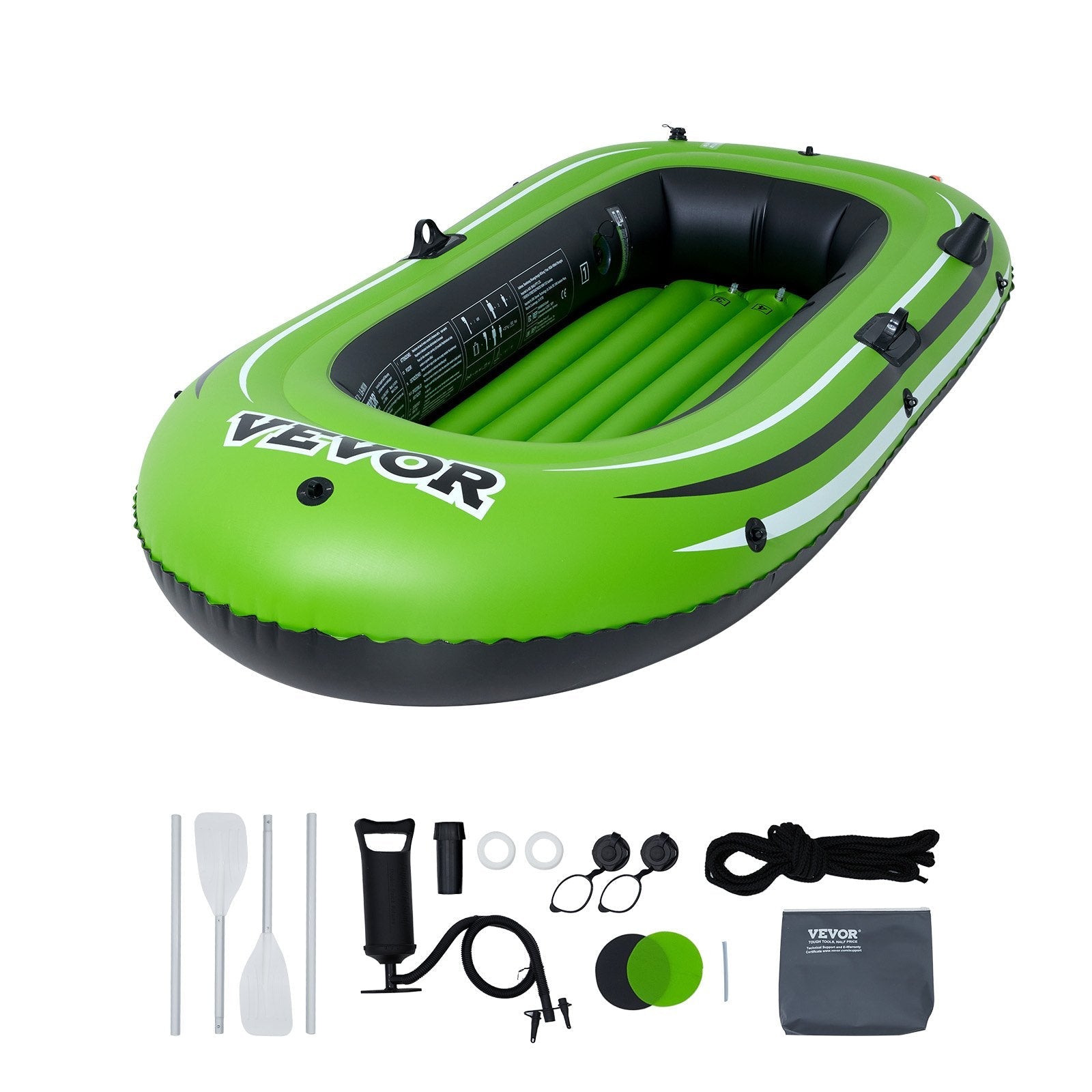 VEVOR Inflatable Boat, 2-Person Inflatable Fishing Boat, Strong PVC Portable Boat Raft Kayak, Includes 45.6 in Aluminum Oars, High-Output Pump and Fishing Rod Holders, 500 lb Capacity for Adults, Kids 