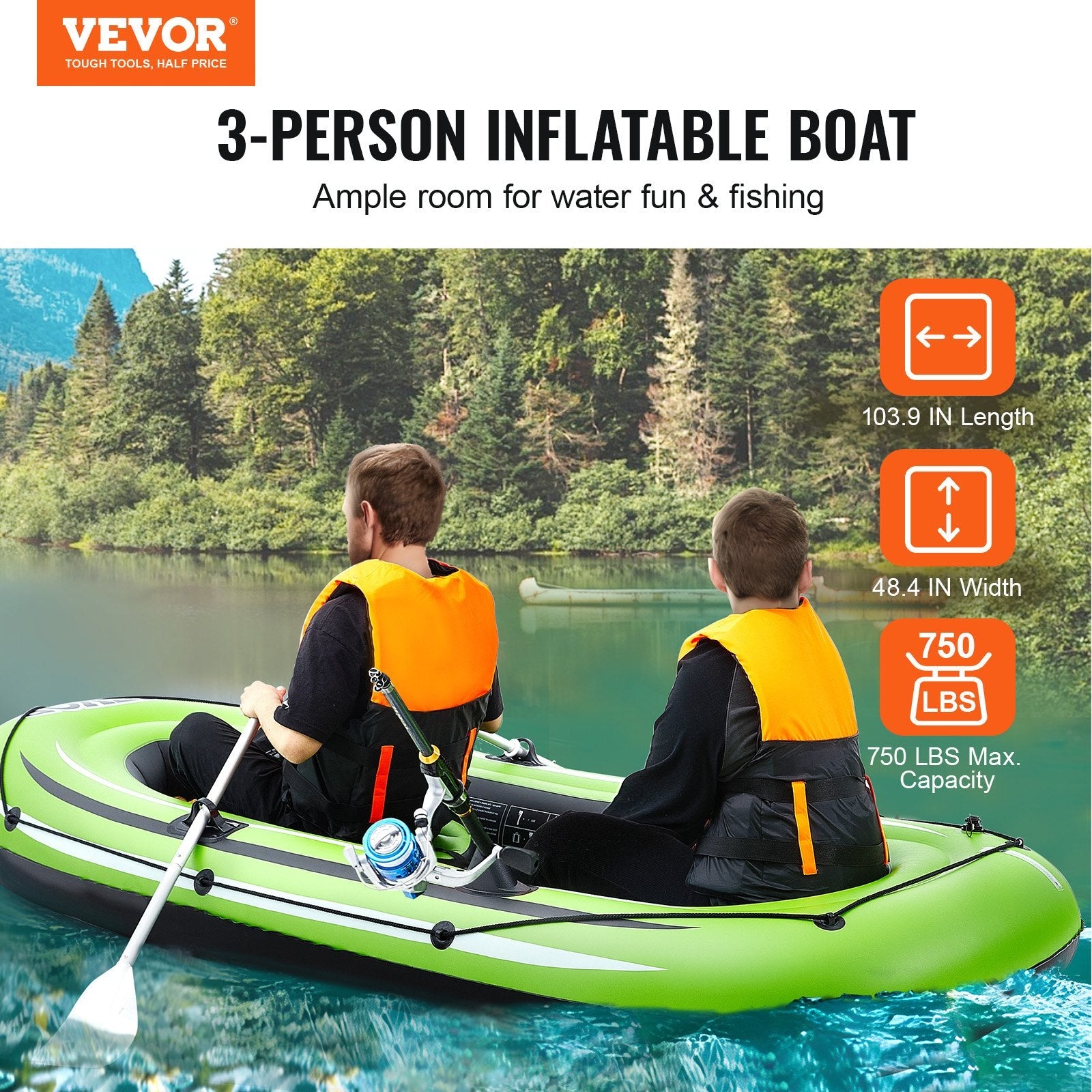VEVOR Inflatable Boat, 3-Person Inflatable Fishing Boat, Strong PVC Portable Boat Raft Kayak, 45.6" Aluminum Oars, High-Output Pump, Fishing Rod Holders, and 2 Seats, 750 lb Capacity for Adults, Kids 