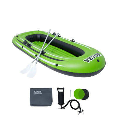 VEVOR Inflatable Boat, 3-Person Inflatable Fishing Boat, Strong PVC Portable Boat Raft Kayak, 45.6" Aluminum Oars, High-Output Pump, Fishing Rod Holders, and 2 Seats, 750 lb Capacity for Adults, Kids 