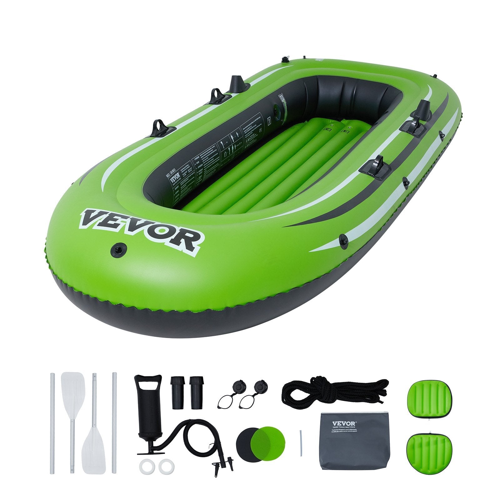 VEVOR Inflatable Boat, 3-Person Inflatable Fishing Boat, Strong PVC Portable Boat Raft Kayak, 45.6" Aluminum Oars, High-Output Pump, Fishing Rod Holders, and 2 Seats, 750 lb Capacity for Adults, Kids 