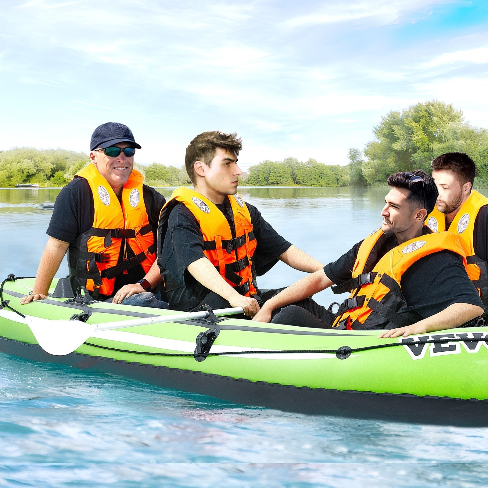 VEVOR Inflatable Boat, 4-Person Inflatable Fishing Boat, Strong PVC Portable Boat Raft Kayak, 45.6" Aluminum Oars, High-Output Pump, Fishing Rod Holders, and 2 Seats, 1100 lb Capacity for Adults, Kids 