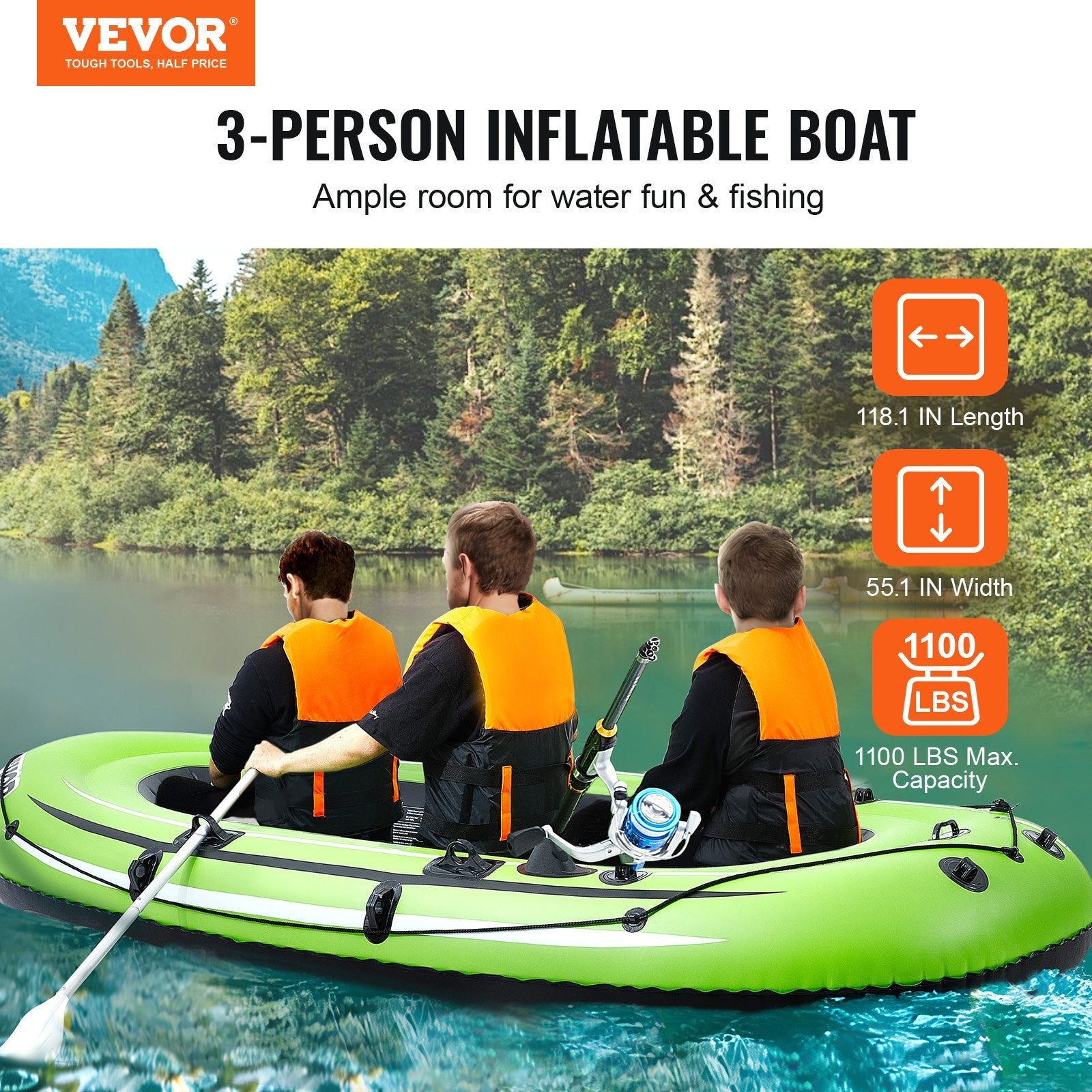 VEVOR Inflatable Boat, 5-Person Inflatable Fishing Boat, Strong PVC Portable Boat Raft Kayak, 45.6" Aluminum Oars, High-Output Pump, Fishing Rod Holders, and 2 Seats, 1100 lb Capacity for Adults, Kids 