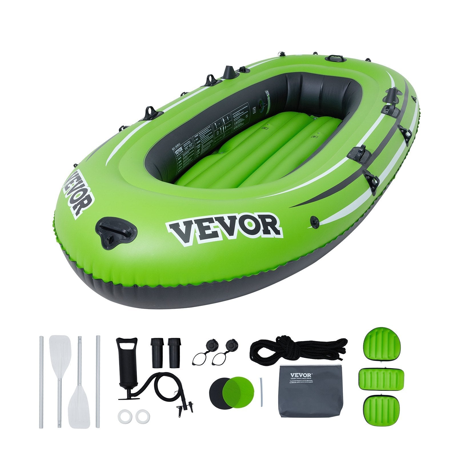 VEVOR Inflatable Boat, 5-Person Inflatable Fishing Boat, Strong PVC Portable Boat Raft Kayak, 45.6" Aluminum Oars, High-Output Pump, Fishing Rod Holders, and 2 Seats, 1100 lb Capacity for Adults, Kids 