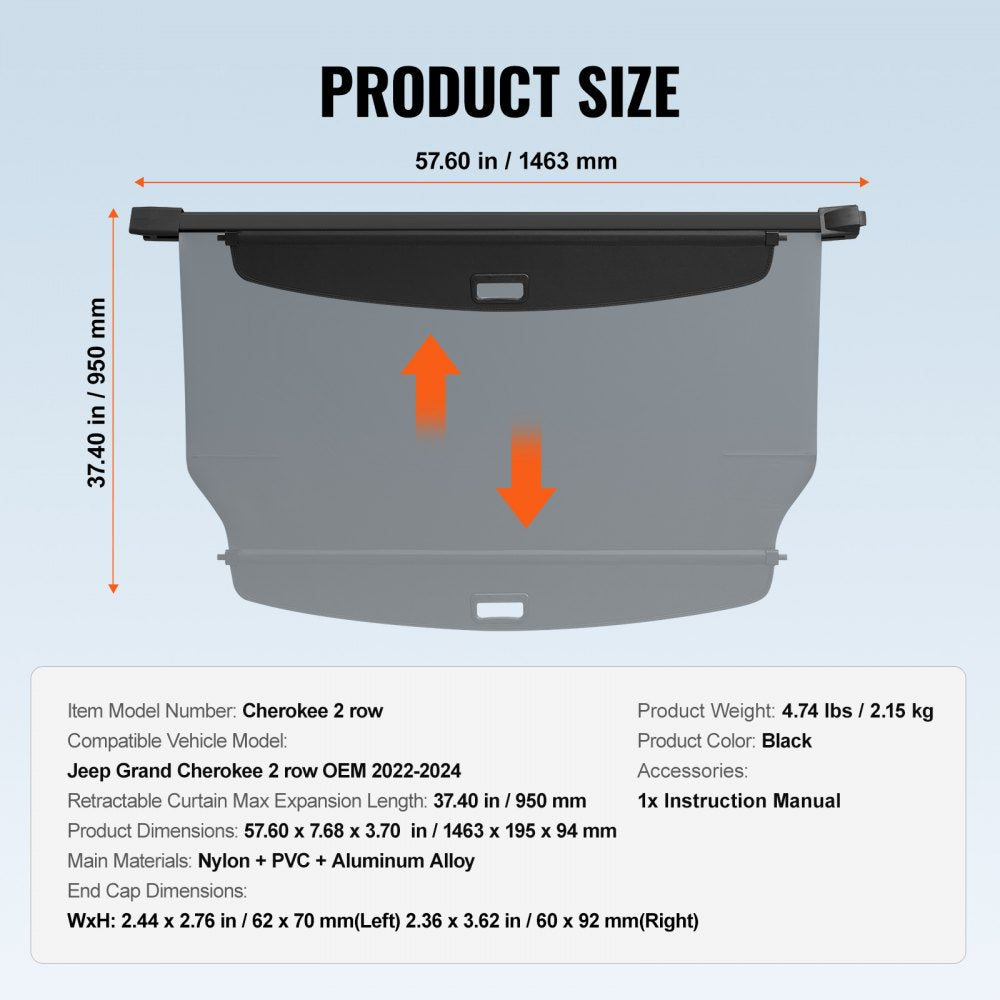 VEVOR Retractable Cargo Cover for Jeep Grand Cherokee 2 Row 2022-2024 OEM Design 