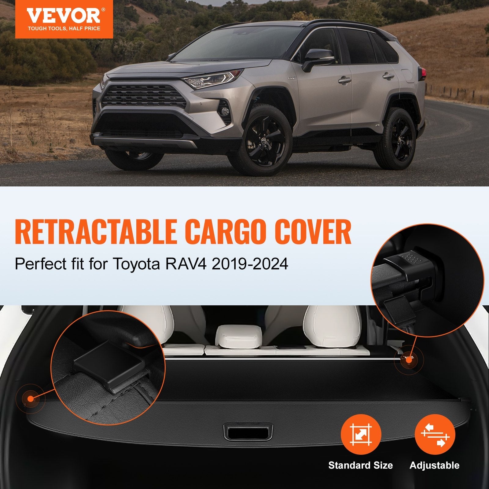 VEVOR Retractable Cargo Cover for Toyota RAV4 2019-2024 Upgrade Rear Trunk Cover 