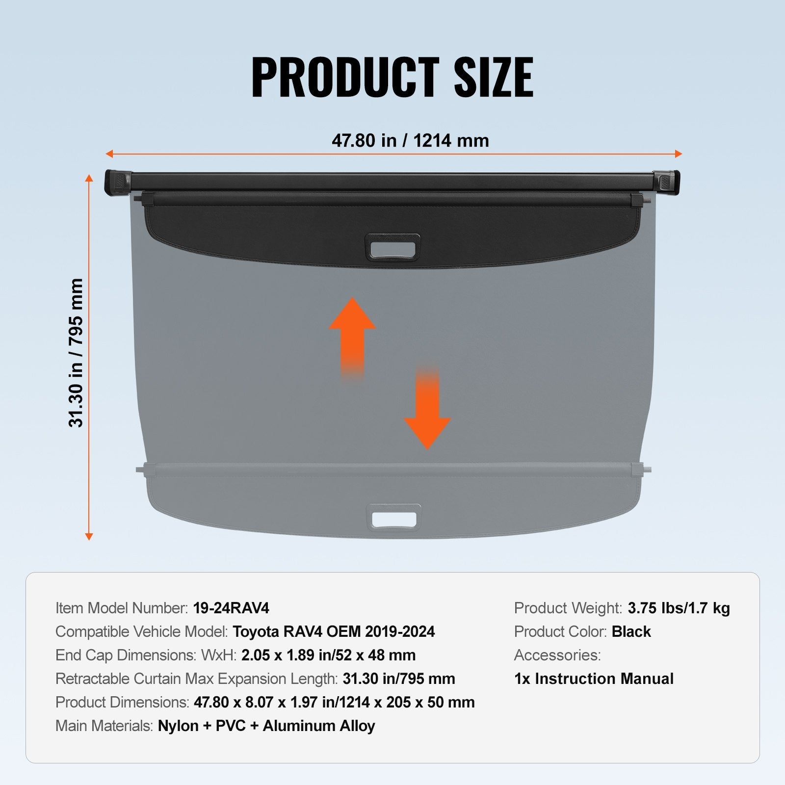 VEVOR Retractable Cargo Cover for Toyota RAV4 2019-2024 Upgrade Rear Trunk Cover 