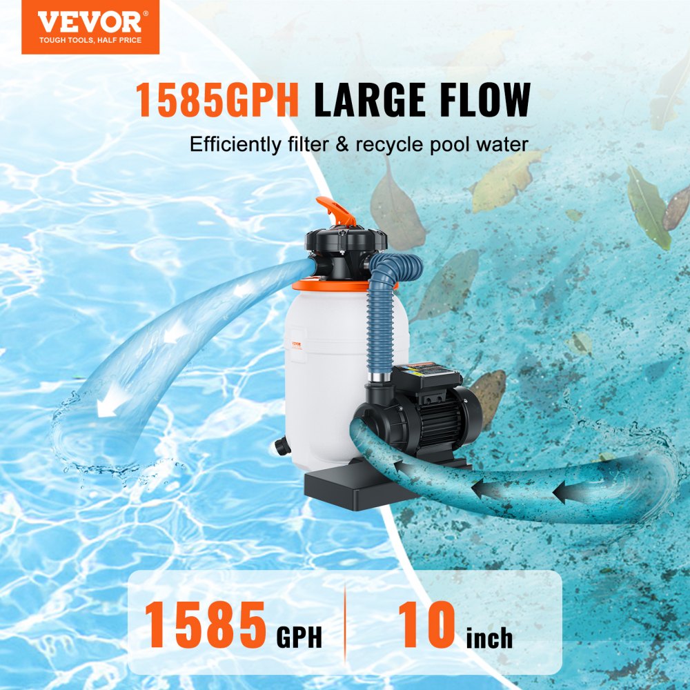 VEVOR Sand Filter Pump for Above Ground Pools, 10-inch, 1585 GPH, 0.33 HP Swimming Pool Pumps System & Filters Combo Set with 6-Way Multi-Port Valve & Pressure Gauge, for Domestic and Commercial Pools 