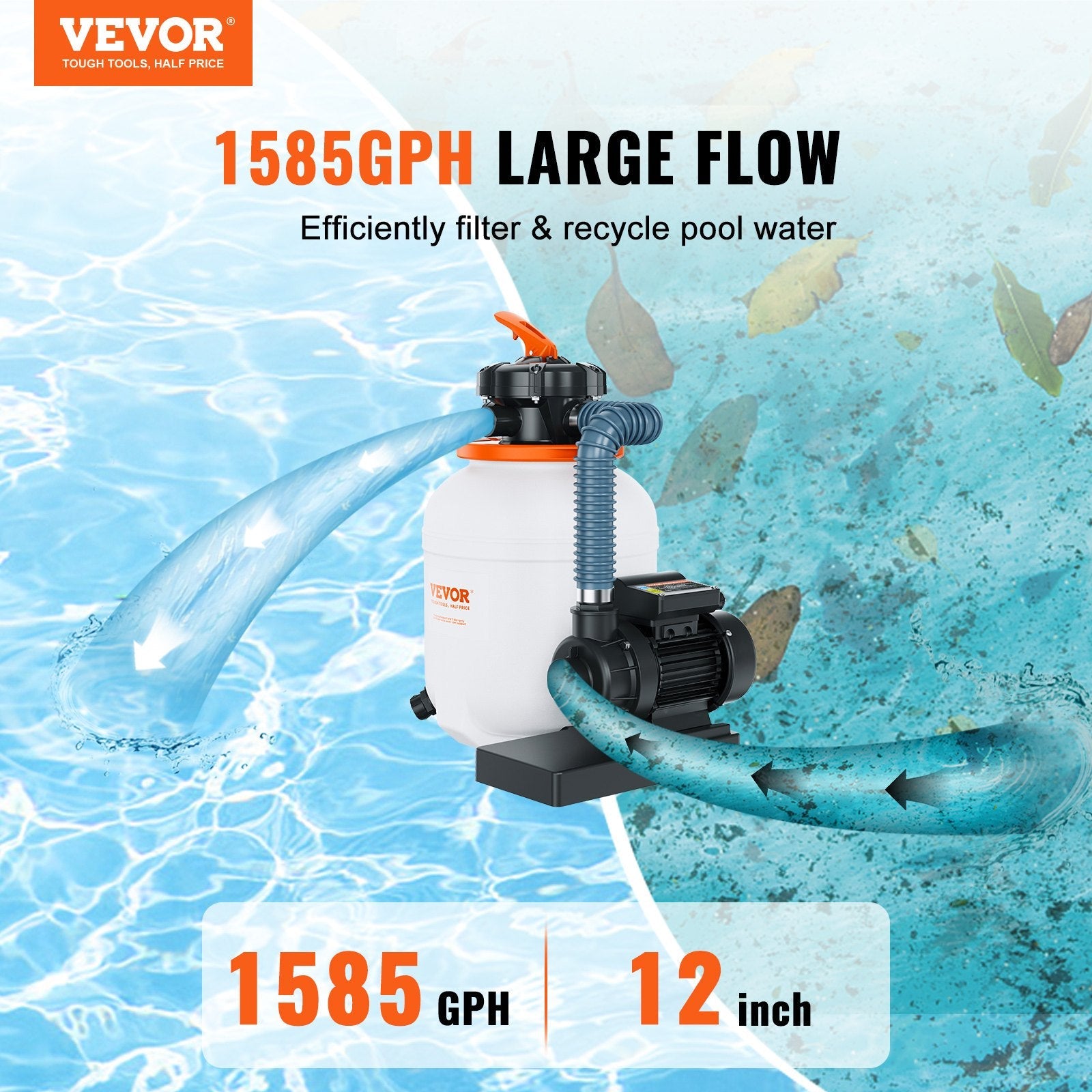 VEVOR Sand Filter Pump for Above Ground Pools, 12-inch, 1585 GPH, 0.33 HP Swimming Pool Pumps System & Filters Combo Set with 6-Way Multi-Port Valve & Pressure Gauge, for Domestic and Commercial Pools 