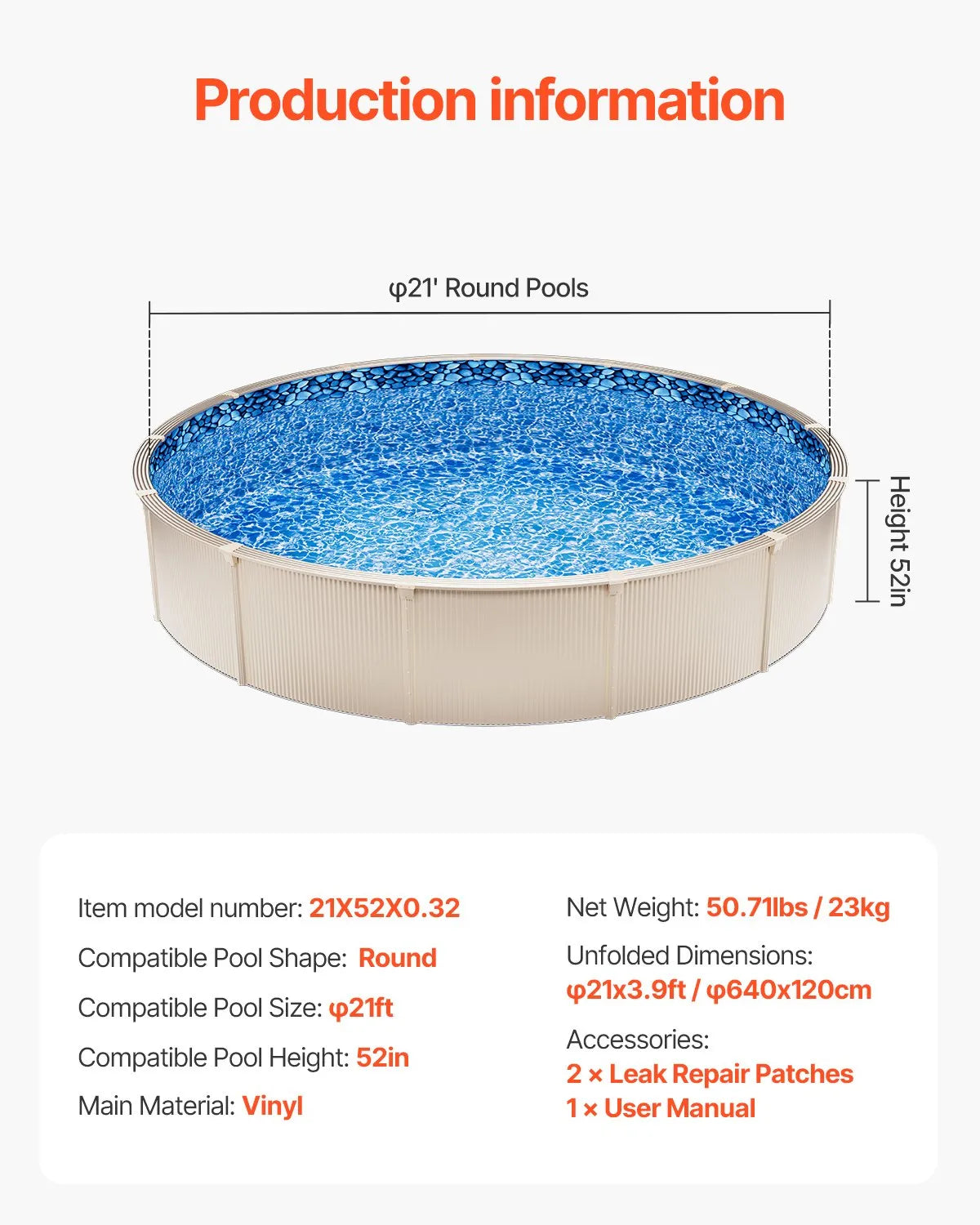 VEVOR Round Pool Liner 21ft Unibead Style Pool Liner 52in Wall Height