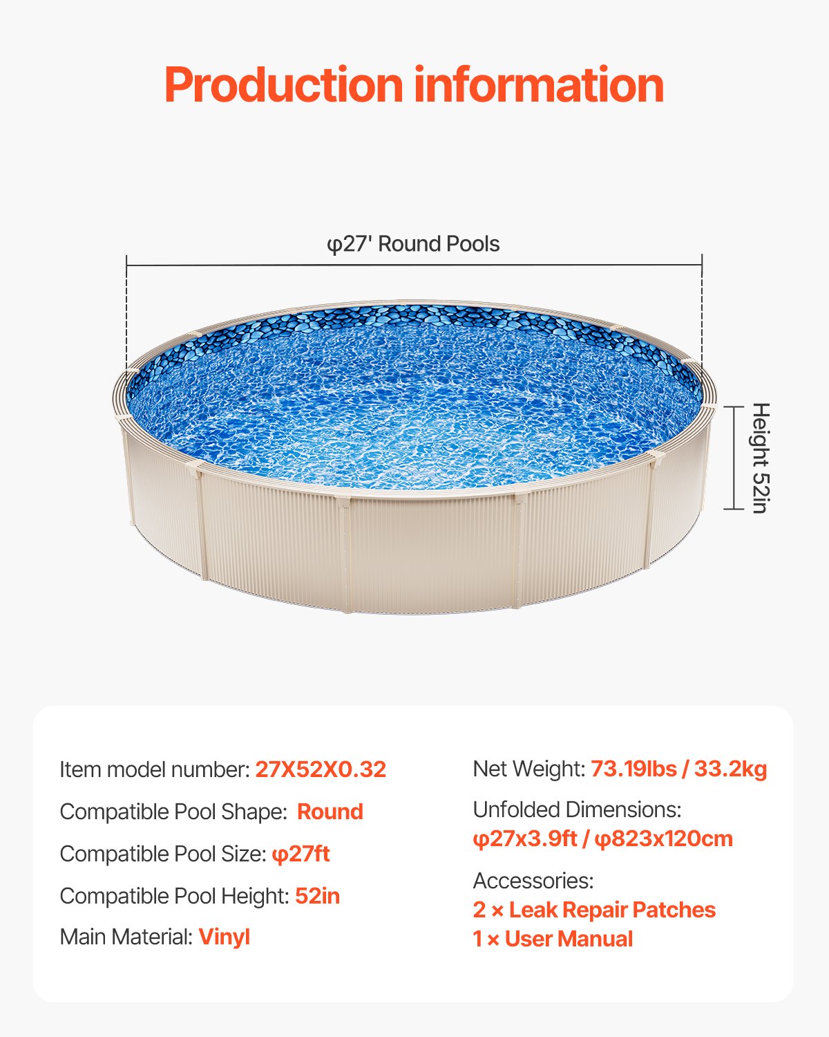 VEVOR Round Pool Liner 27ft Unibead Style Pool Liner 52in Wall Height 