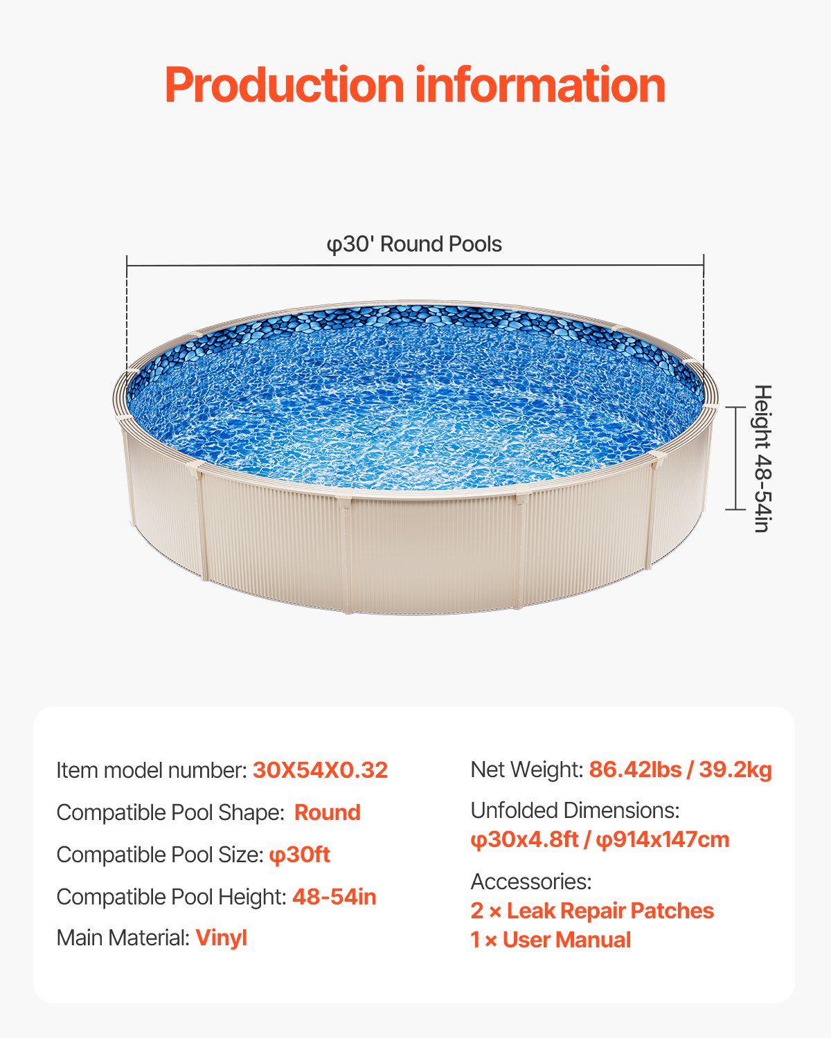 VEVOR Round Pool Liner 30ft Overlap Style Pool Liner 54in Wall Height 