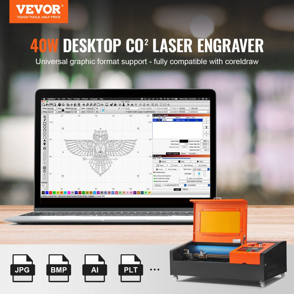 VEVOR 40W Desktop CO2 Laser Engraver, 12 x 8 in, 11.8 IPS Laser Cutter Machine with Water-Cooled Laser Tube, Compatible with CorelDRAW, Windows XP 7 8 10, EMF, JPG, PLT, WMF, for Wood Acrylic Fabric 