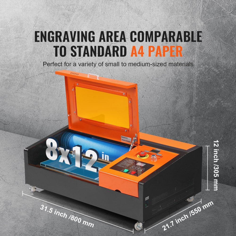 VEVOR 40W Desktop CO2 Laser Engraver, 12 x 8 in, 11.8 IPS Laser Cutter Machine with Water-Cooled Laser Tube, Compatible with CorelDRAW, Windows XP 7 8 10, EMF, JPG, PLT, WMF, for Wood Acrylic Fabric 