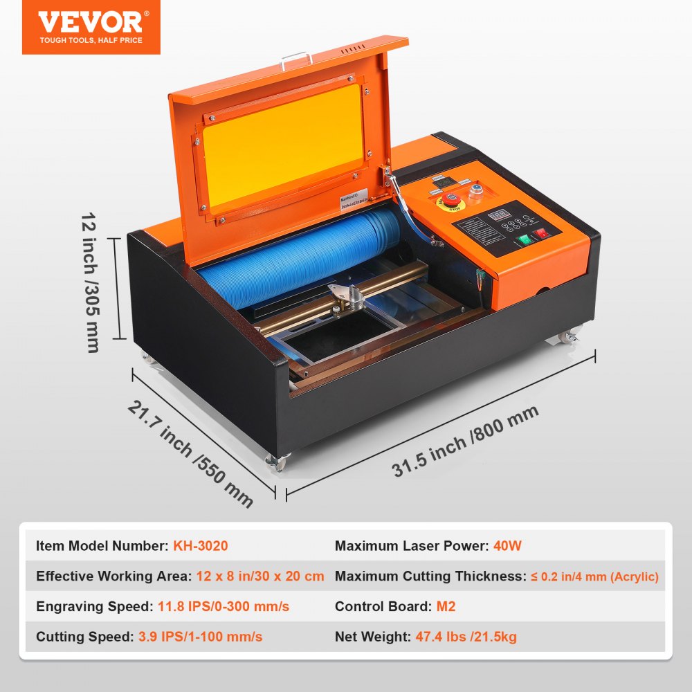 VEVOR 40W Desktop CO2 Laser Engraver, 12 x 8 in, 11.8 IPS Laser Cutter Machine with Water-Cooled Laser Tube, Compatible with CorelDRAW, Windows XP 7 8 10, EMF, JPG, PLT, WMF, for Wood Acrylic Fabric 