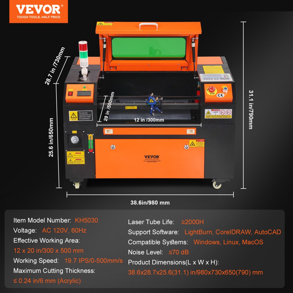 VEVOR 50W CO2 Laser Engraver, 12 x 20 in, 19.7 IPS Laser Cutter Machine with 2-Way Pass Air Assist, Compatible with LightBurn, CorelDRAW, AutoCAD, Windows, Mac OS, Linux, for Wood Acrylic Fabric More 
