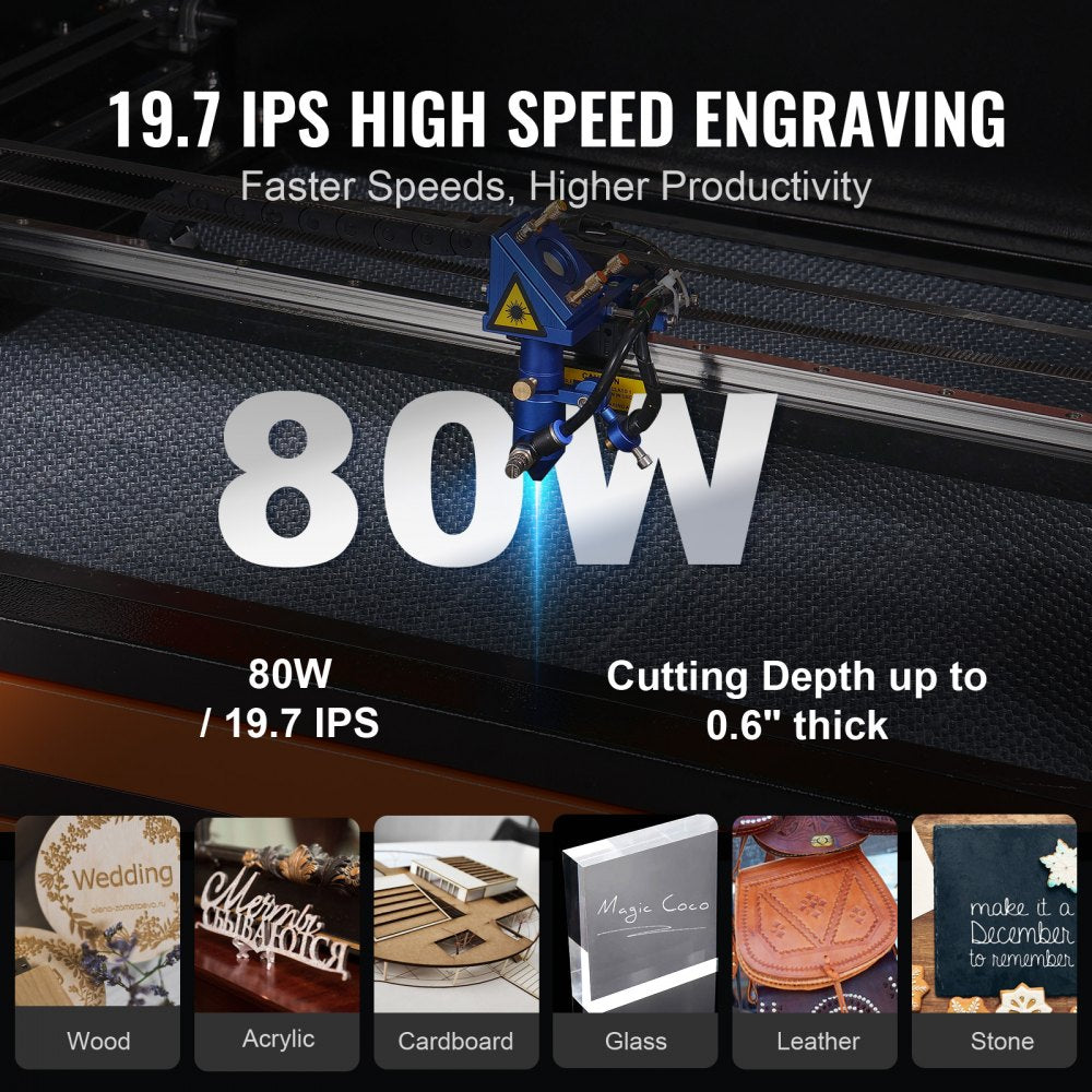 VEVOR 80W CO2 Laser Engraver, 20 x 28 in, 19.7 IPS Laser Cutter Machine with 2-Way Pass Air Assist, Compatible with LightBurn, CorelDRAW, AutoCAD, Windows, Mac OS, Linux, for Wood Acrylic Fabric More 