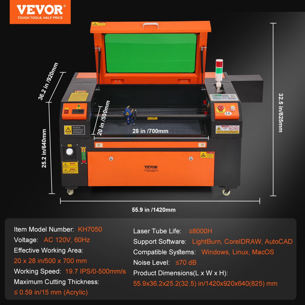 VEVOR 80W CO2 Laser Engraver, 20 x 28 in, 19.7 IPS Laser Cutter Machine with 2-Way Pass Air Assist, Compatible with LightBurn, CorelDRAW, AutoCAD, Windows, Mac OS, Linux, for Wood Acrylic Fabric More 