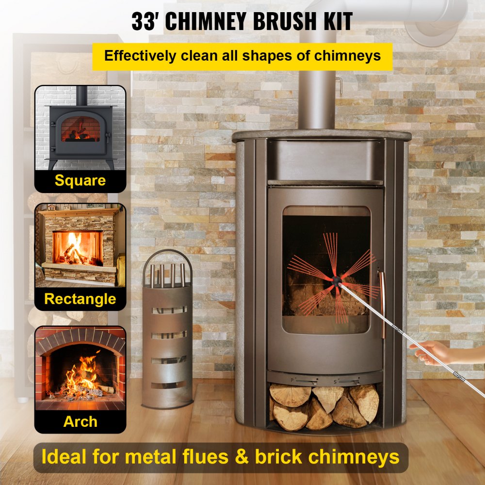 Chimney Brush Chimney Sweep Kit 33FT Sweeping Cleaning Tool 10 Rods+Extra Head 