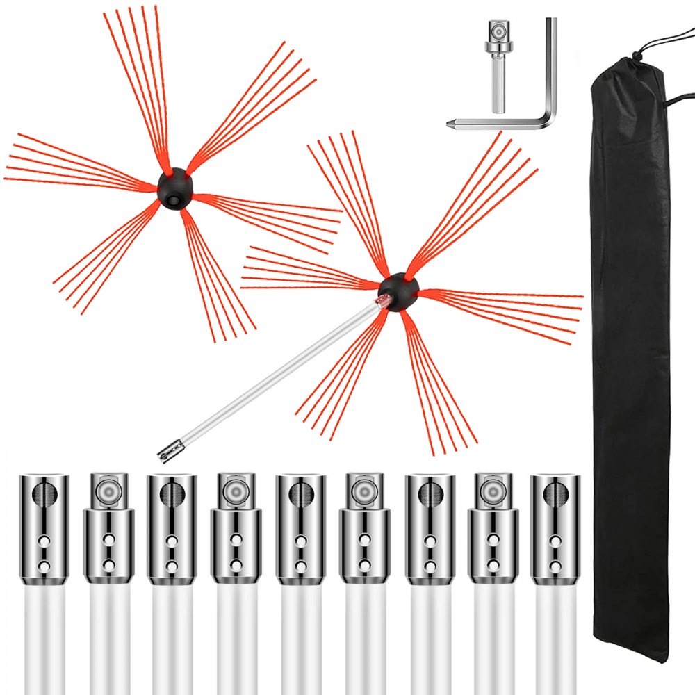 Chimney Brush Chimney Sweep Kit 33FT Sweeping Cleaning Tool 10 Rods+Extra Head 